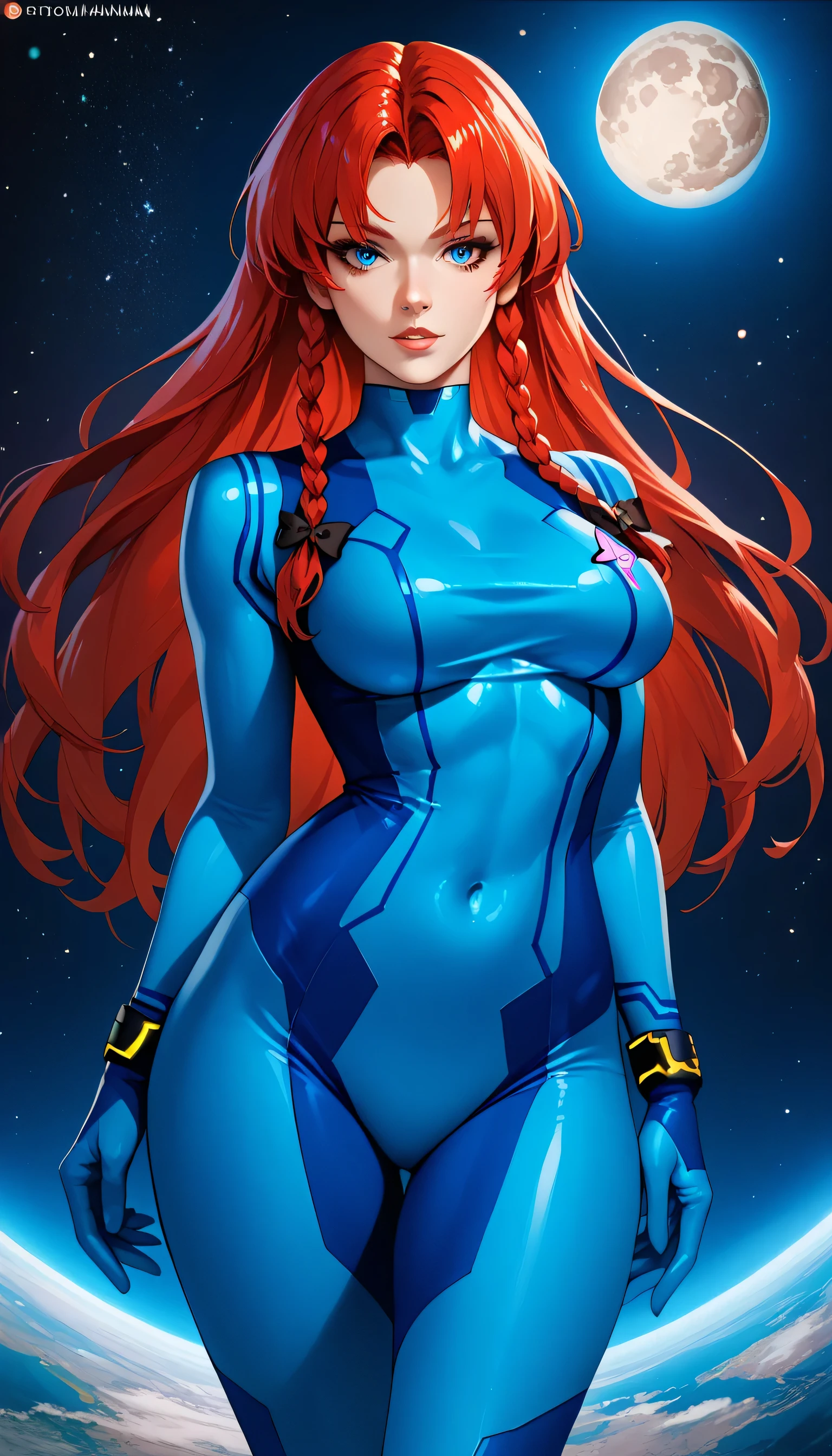 Hong Meiling, Red hair ,blue eyes,long hair,1girl, samusarancosplay, samus aran \(cosplay\), blue bodysuit, bodysuit, covered navel, skin tight, zero suit,Space, moon, star