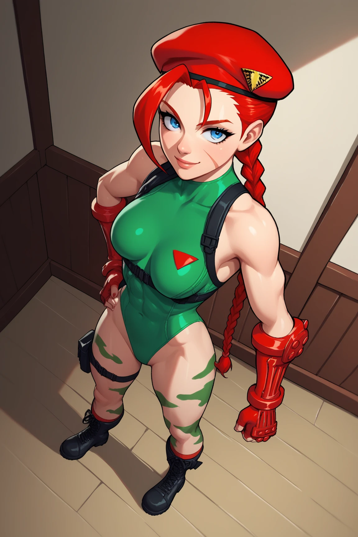 master part, best quality, Altas, 1girl, Cammy branco, twin braids, cabelos longos, blonde hair, cabelo da antena, boina vermelha, (Red Head Outfit:1.3), olhos azuis, cicatriz na bochecha, malha verde, seios grandes, Mangas, luvas vermelhas, luvas sem dedos, camuflar, cowboy shot, Standing, fundo simples, flat background