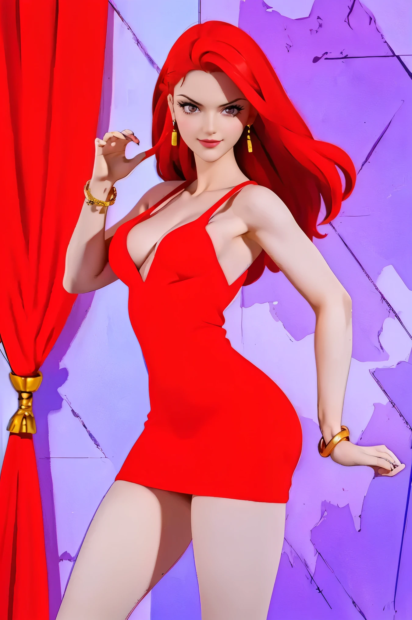 (((Realistic))) ((())) Realistic Kolinite red office tight mini dress, V-Neck dress, cotton texture dress, ((masterpiece, best quality, Ultra delicate, perfect face, 16k, high resolution, )) red straight hair, straight red hair, seductive pose, tight red Office mini dress, red high heels, purple eyes, beautiful smile , 28 years