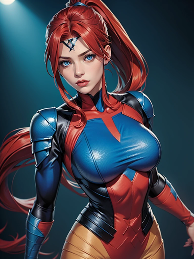 "Masterpiece, high quality, detailed, high resolution, 4k, 8k, realistic skin texture, amazing shadows, perfect lighting, hyper-realistic." The Female Protagonist of a Super-hero Game (redhead, hair bow, white skin), wearing blue latex clothes, arms up pose, armpits, detailed mansion background.
