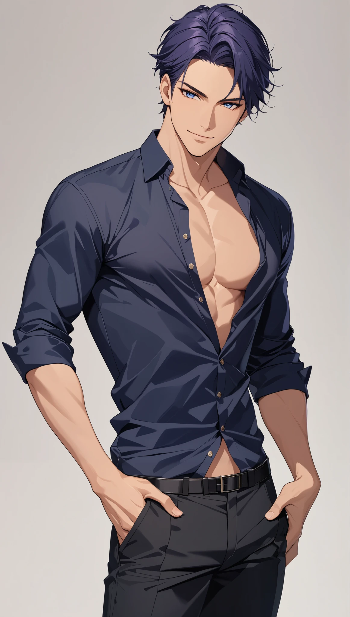 top quality　 Masterpiece 　 high definition 　 Masterpiece 　, navy hair man,　　 navy Eyes man 　  plain backround, no backround, white backround, male, mascular body , handsome, ikemen, black shirt, partly unbottoned, black pants, smirk, tan skin