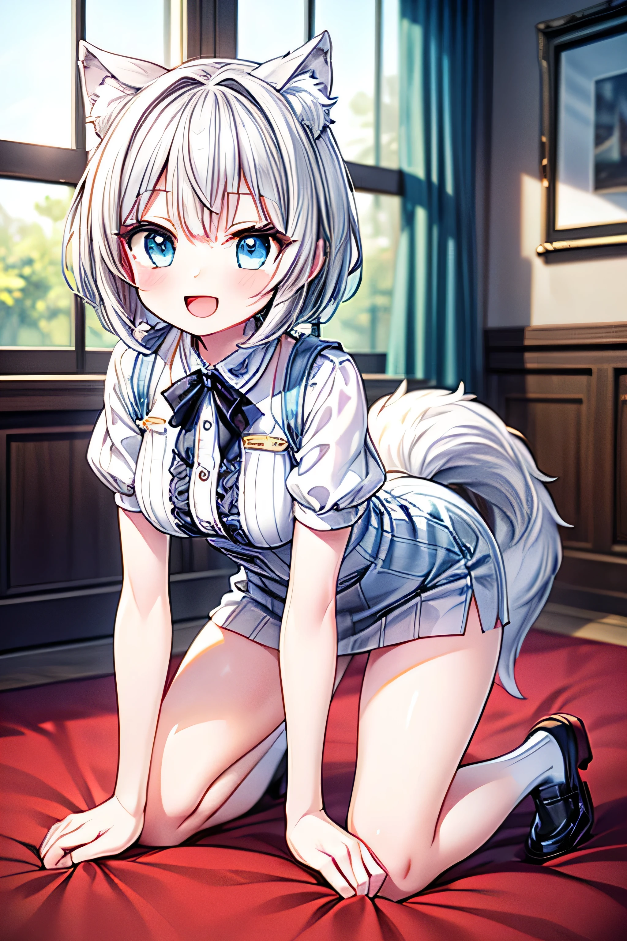 (extremely detailed, 8K resolution, with sharp focus, masterpiece, best quality, Moe Art style, safe for work:1.3), 1 cute silver wolf lady, slender full body, kneeling in the room, detailed skyblue eyes, detailed pupil, cheerful smile, open mouth, short hair, black loafers
