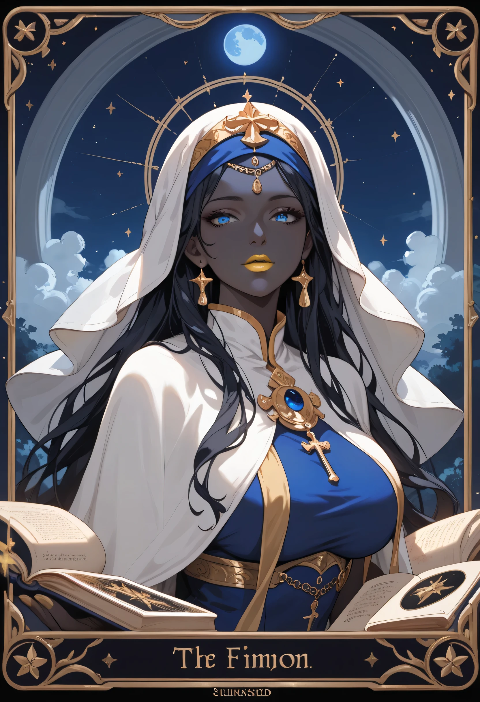 woman, big breasts, anime style, yellow lipstick, blue eyes, black hair, black skin, long hair, blue dress, white cloak, multiple moons, stars, columns, dark, moonlight, blue moon, three moons, book in hand, veil on face, priestess, Tarot Card