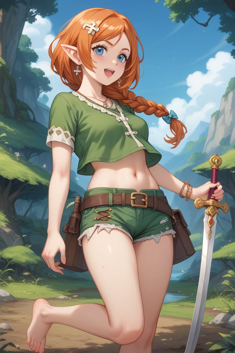 young athletic elf girl with a skinny physique and small breasts, long red hair, and light-blue eyes, wearing red bikini armor and a blue skirt with brown leather boots and bracers, standing in a forest, with a large sword