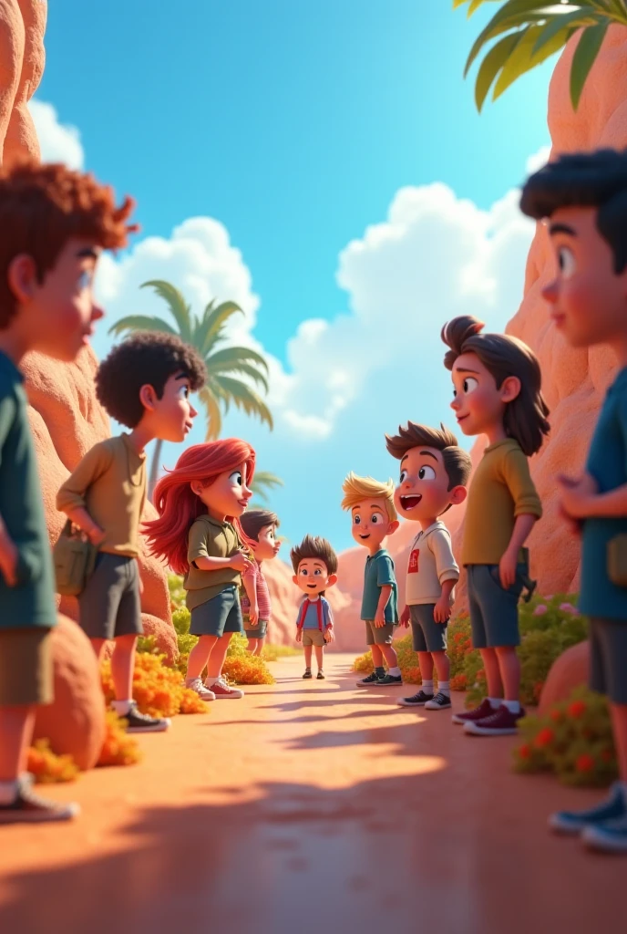 I want you to place the characters in this image in a way that they all look like they are in the same art, I want a sunny sky, they in a desert-like sand, fun weather, characters contained in the reference are, Goku, vegeta,bulma,kuririn,os simpsons