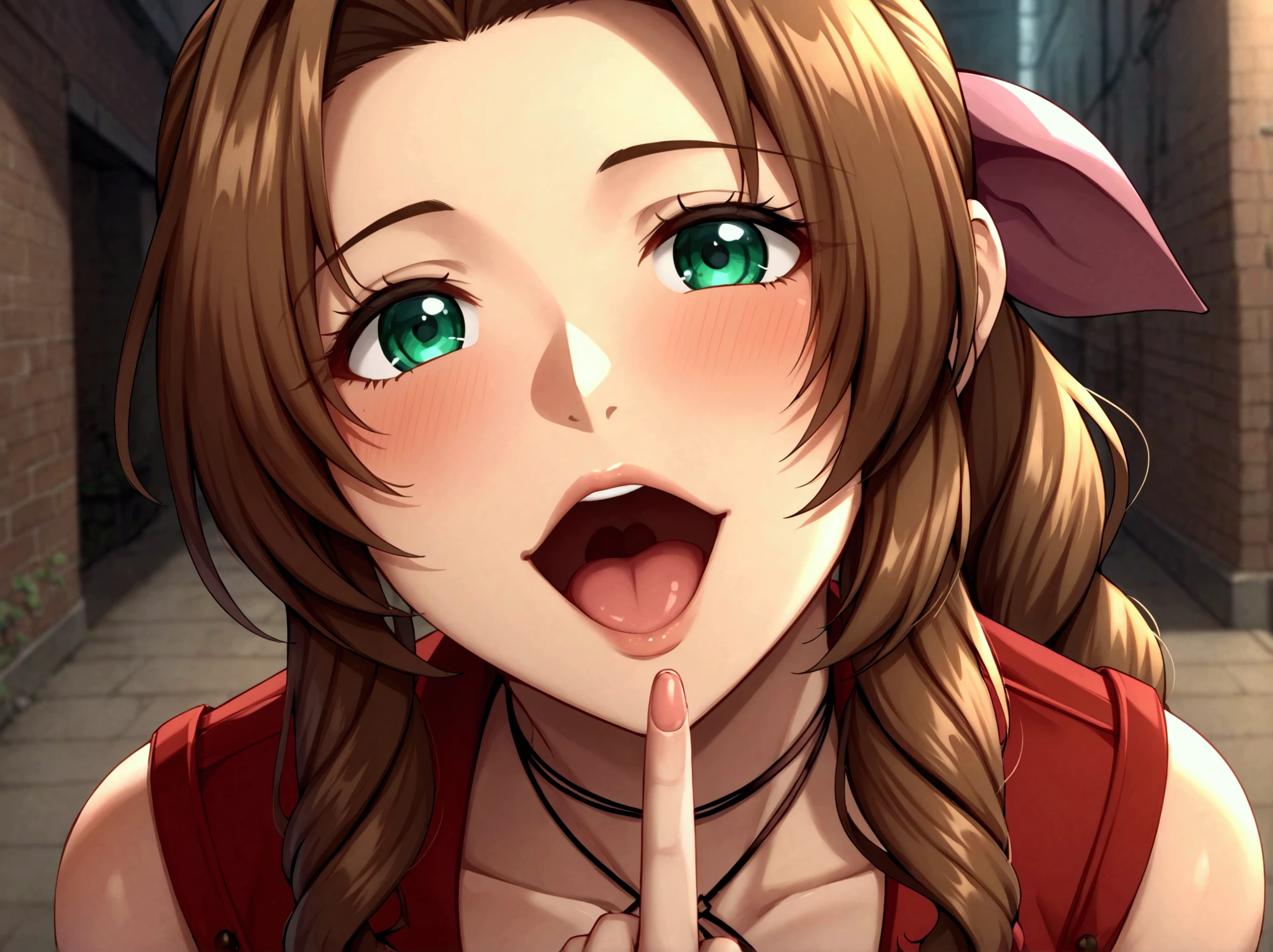 masterpiece, best quality, aerith gainsborough, choker, cropped jacket, hair bow, bracelet, pink dress, looking at viewer, abstract background, detailed mouth, mesmerizing mouth, high definition mouth, focus on face, best quality, detailed, absurd resolution, absurd detail, intricate details, vibrant colors, ultra-realistic, open mouth,