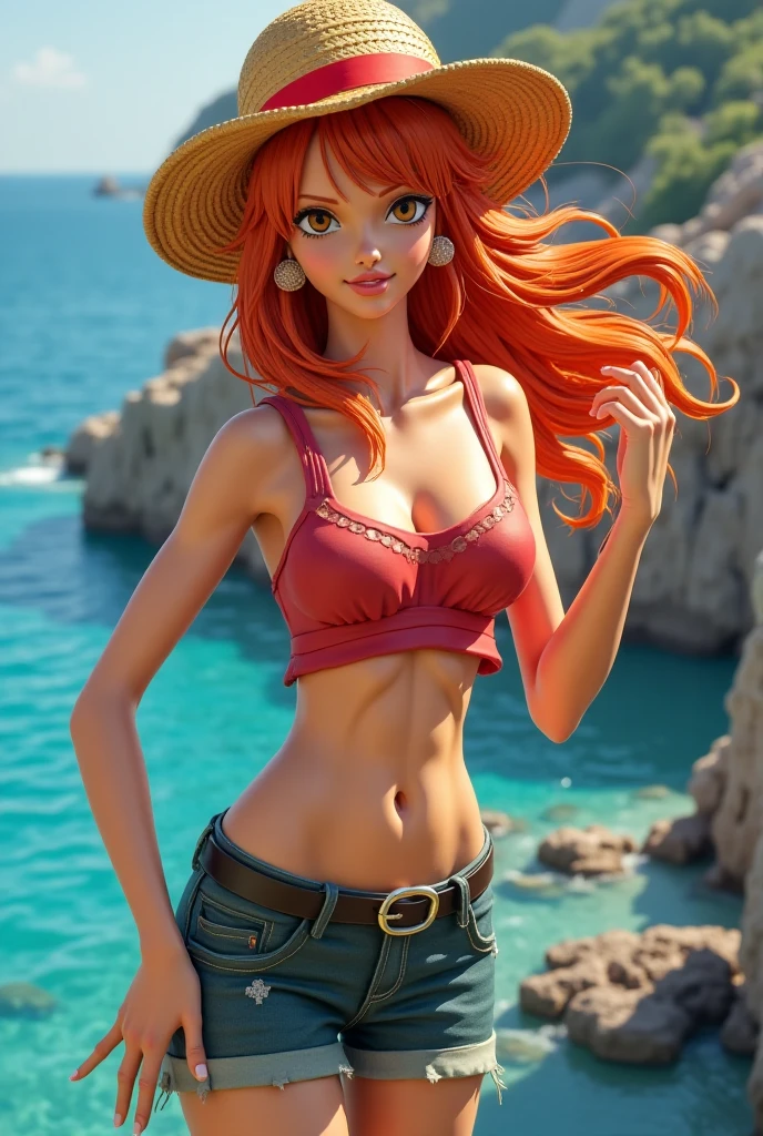 (Redhead) young girl on the beach, posing seductively, wearing short denim shorts and a tight white top, huge ass, big breasts buldging out of her tight shirt, (gigantic squishy tits, underboob:1.2), ((underboob:1.2)), beautiful, gorgoues face, big pink lips, cheekbones, snokey eyes, glam makeup, sharp nose, jawline, skinny, slender, slim, ((ultra realistic)), (hughly detailed face, smokey eyes, cheekbones, seductive:1.2), beautiful lighting, smooth skin, bright image, bright colours, blue sky, sunshine, (realistic, hyperreal)