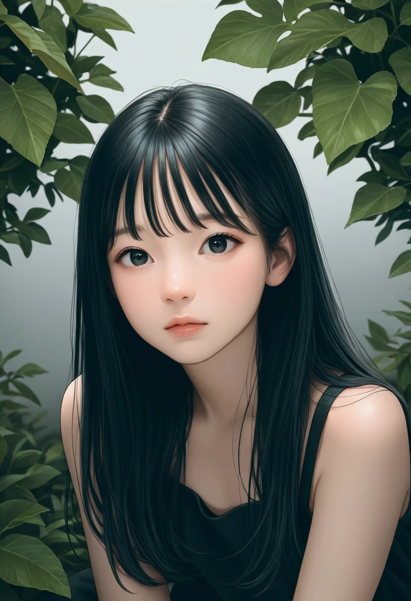 a beautiful young girl, 1 girl, long black hair, looking at viewer, detailed face, detailed eyes, detailed nose, detailed lips, beautiful skin, sitting in a garden, leaves background, gradient background, grey background, portrait