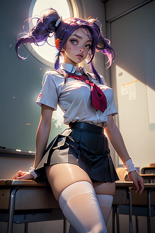Schoolgirl costume purple and black,
Short skirt, mini skirt, tiny open croctop, string, teasing, sexy,