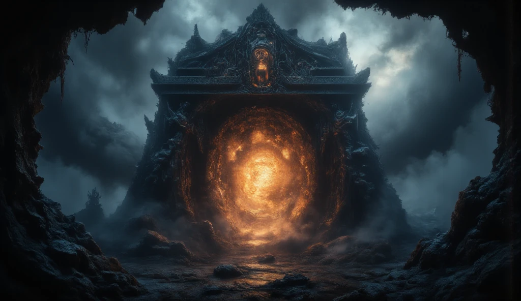 (best quality, 128k,highres,masterpiece:1.2),ultra-detailed,(realistic,photorealistic,photo-realistic:1.37), ((masterpiece)) ((photography)) ((Highest quality)) An ancient, colossal megalith stargate, surrounded by jagged rocks and mist-shrouded mountains, glowing ominously with a dim, unnatural light. The gate itself is adorned with cryptic symbols, weathered by time, emanating an eerie hum that sends chills down the spine. A foreboding atmosphere hangs heavy, as if this portal to another world holds unimaginable dangers. The stargate flickers with otherworldly energy, its surface rippling as if alive, and the distant sky above is darkened with swirling storm clouds. The ground around it is cracked and barren, with the faintest sound of whispering winds, like voices from beyond.
