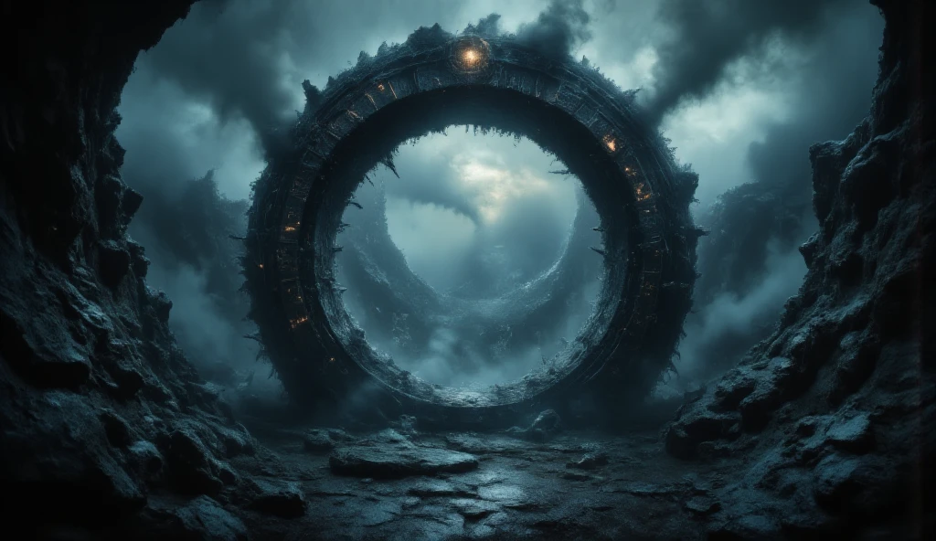(best quality, 128k,highres,masterpiece:1.2),ultra-detailed,(realistic,photorealistic,photo-realistic:1.37), ((masterpiece)) ((photography)) ((Highest quality)) An ancient, colossal megalith stargate, surrounded by jagged rocks and mist-shrouded mountains, glowing ominously with a dim, unnatural light. The gate itself is adorned with cryptic symbols, weathered by time, emanating an eerie hum that sends chills down the spine. A foreboding atmosphere hangs heavy, as if this portal to another world holds unimaginable dangers. The stargate flickers with otherworldly energy, its surface rippling as if alive, and the distant sky above is darkened with swirling storm clouds. The ground around it is cracked and barren, with the faintest sound of whispering winds, like voices from beyond.