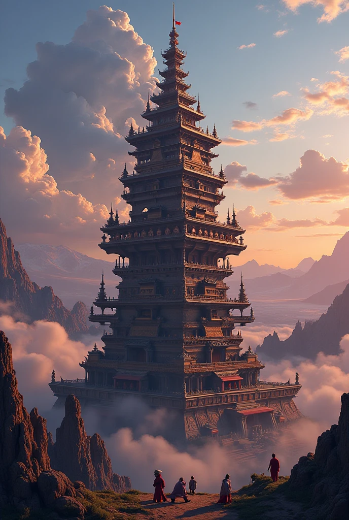 DUNGHUANG,DUNGHUANG BACKGROUND,on the sky,on the clouds,Fairyland, surrounded by clouds and smoke, oriental palace bridge, monster, abstract dream, space, intricate, grand scale, alone, cinematic film still, insane detail, sharp focus, depth of field, realistic lighting, (realistic perspective), complex, (multiple subjects), 4k HDR,