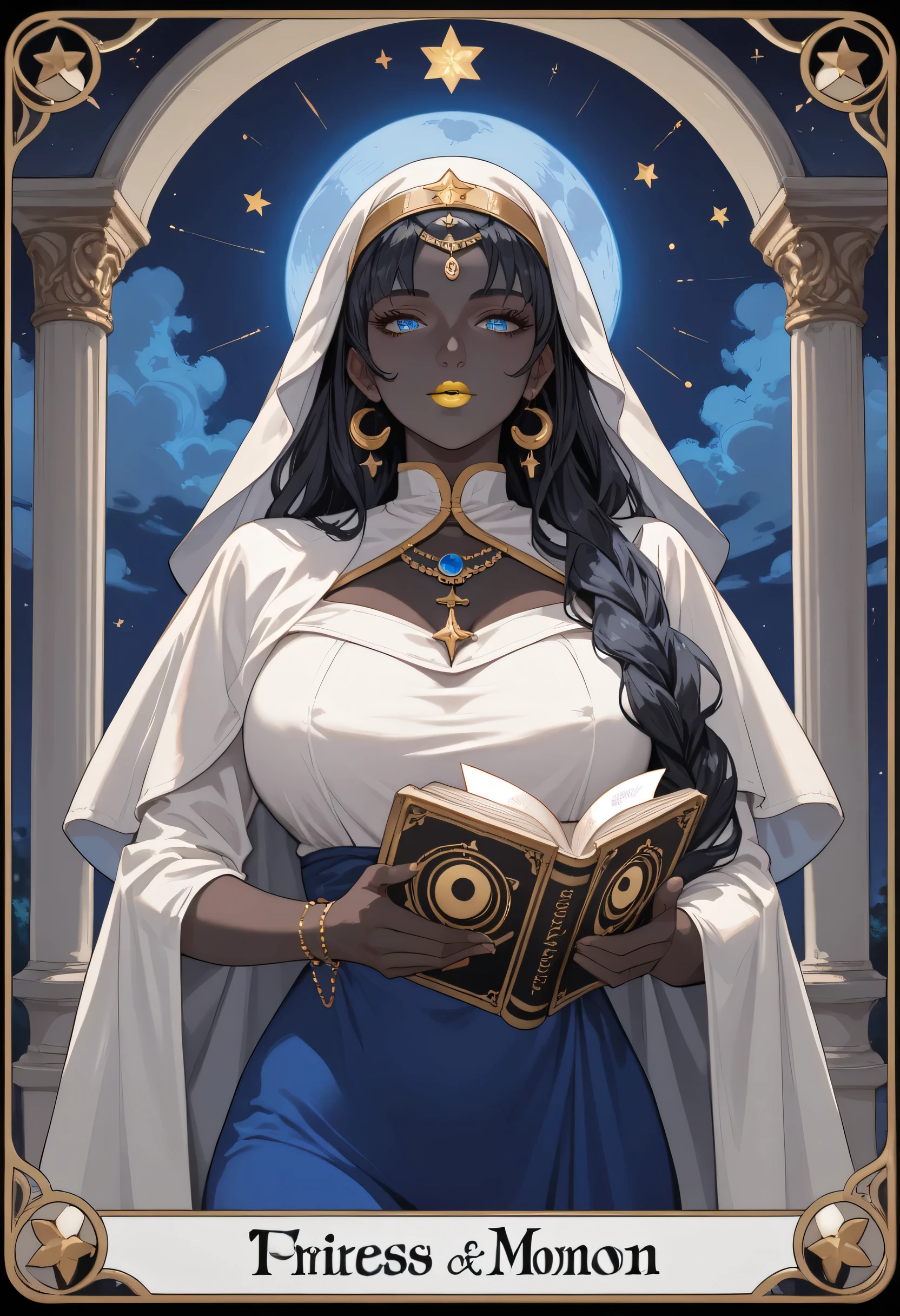 woman, big breasts, anime style, yellow lipstick, blue eyes, black hair, black skin, long hair, blue dress, white cloak, multiple moons, stars, columns, dark, moonlight, blue moon, three moons, book in hand, veil on face, priestess, Tarot Card, waning moon, chiaroscuro