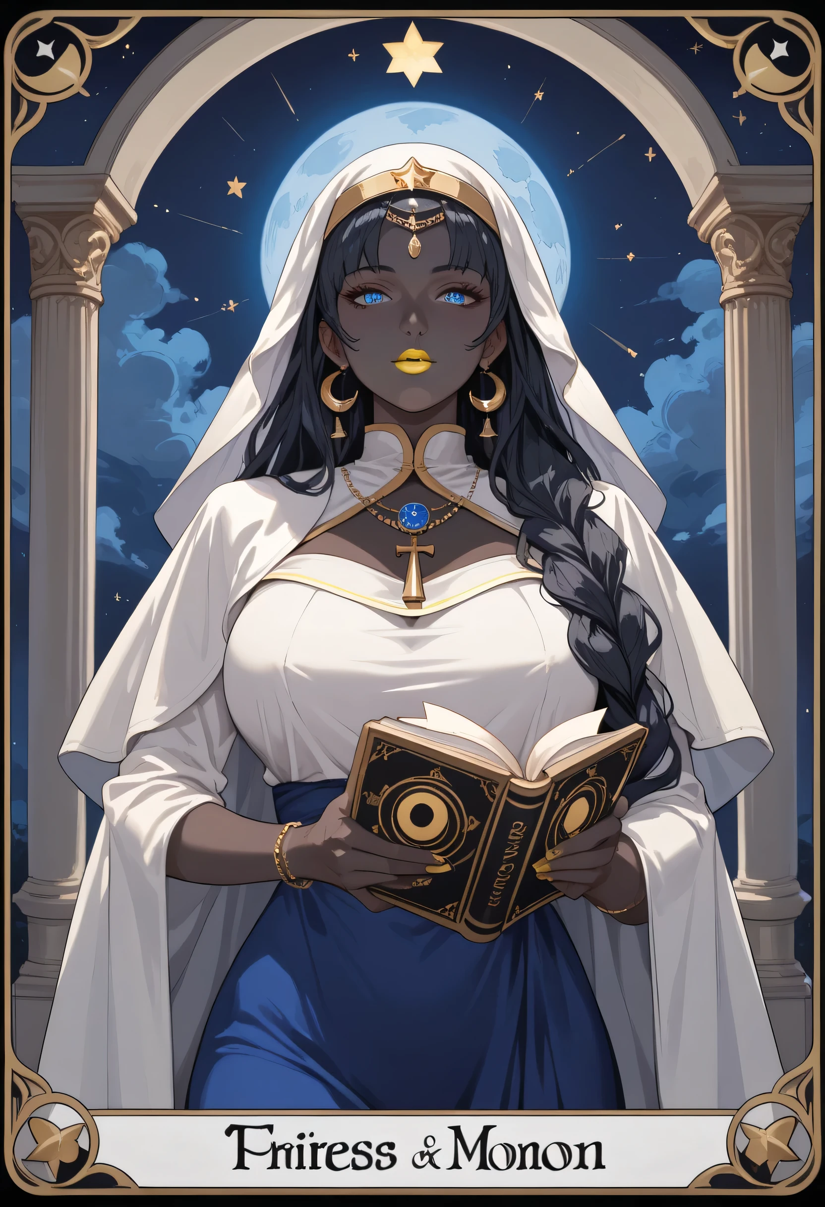 woman, big breasts, anime style, yellow lipstick, blue eyes, black hair, black skin, long hair, blue dress, white cloak, multiple moons, stars, columns, dark, moonlight, blue moon, three moons, book in hand, veil on face, priestess, Tarot Card, waning moon, chiaroscuro