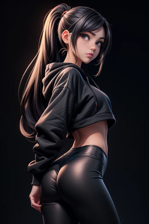 cropped hoodie, masterpiece, best quality, in bedroom, black hoodie, pantie, black panties, no pants, by window, hands on head, arns up, long thick brown hair, waving hair, floating hair