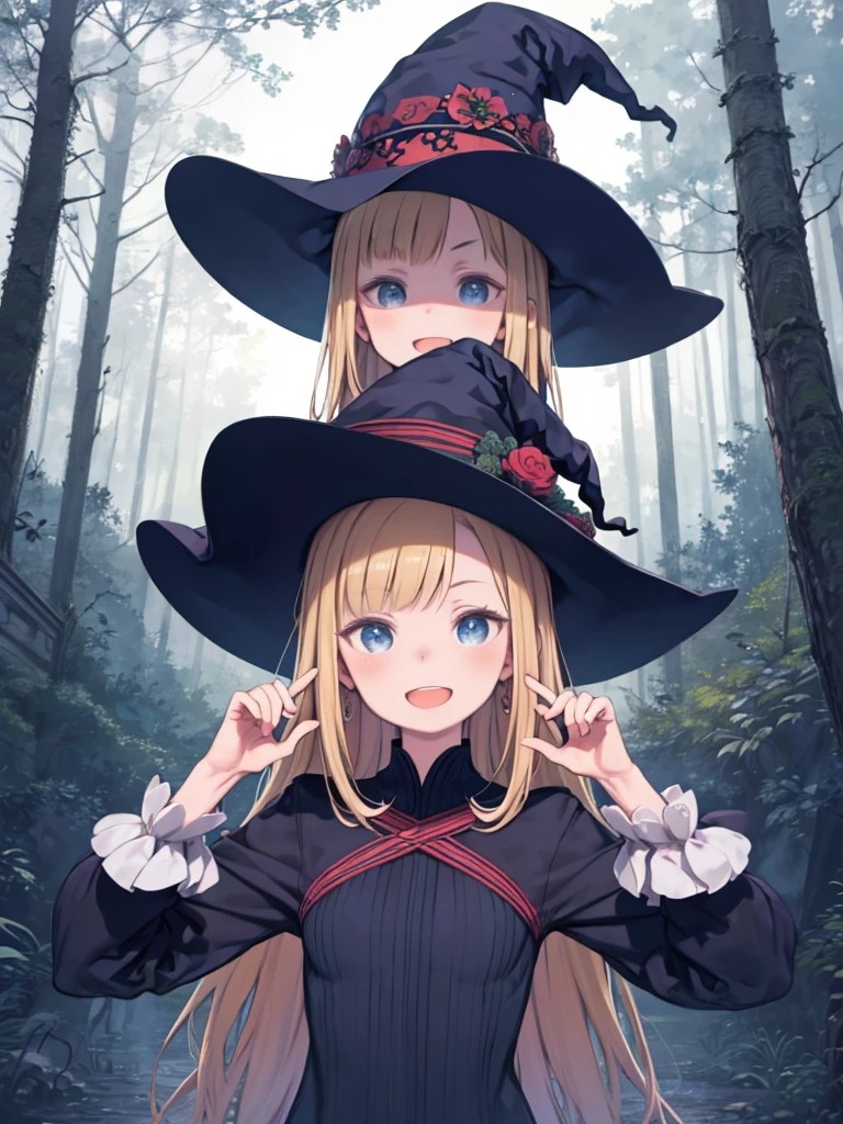 1girl in,Witch,Long hair, Blonde hair, Witch Hat,Red Eyes,Puffy sleeves,Dress, Short sleeves,Smile、Water droplets on the cheeks、pretty pose、up of face、Eye Up、Flowing iridescent silk、There are flowers even in front of you、flower petals、season!!: 夏天☀ 🍂