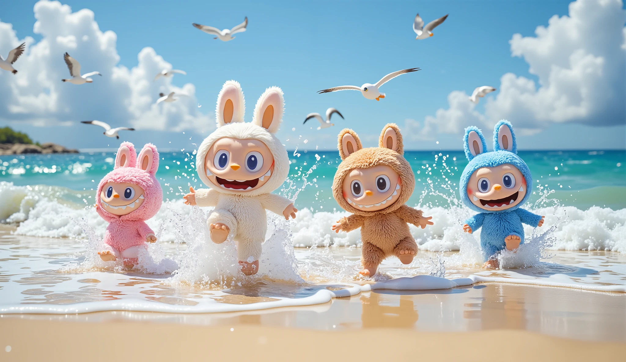 "The four cheerful Labubu characters—white, pink, brown, and deep blue (Benhur)—are joyfully playing in the shallow waters of a beautiful beach. Gentle waves splash around them as they jump and run through the clear, refreshing sea. The golden sand beneath the water glistens under the warm sunlight, while the ocean stretches endlessly toward the horizon.
One Labubu playfully kicks the water, sending tiny droplets into the air, while another splashes their friend with laughter. The other two wade deeper, feeling the cool waves wash over their small feet. Seagulls fly overhead, and a soft ocean breeze carries the scent of salt and adventure. In this lively 3/4 body portrait, the Labubu characters enjoy the fun and freedom of the sea, surrounded by the beauty of the beach and rolling waves."