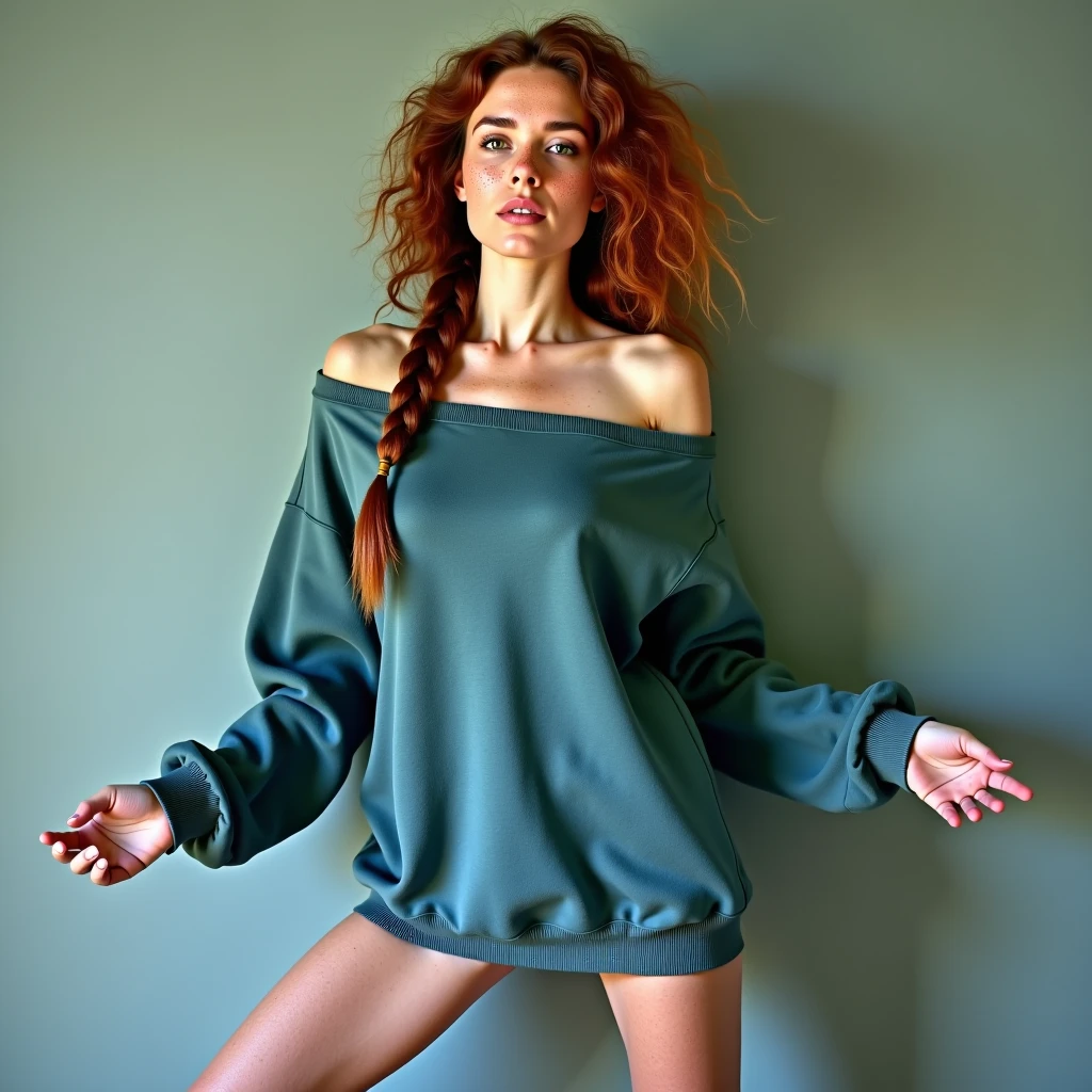 1 Irish woman, extremely beautiful and very legitimate redhead. Extremely slender, with freckles, big bright blue eyes, wearing green sweater falling down showing shoulders, symmetrical body, sensualizing, pouting with orgasmic expression, highly arousing, high quality 32k, UHD, hyper-realistic, cinematic, dynamic close-up above.