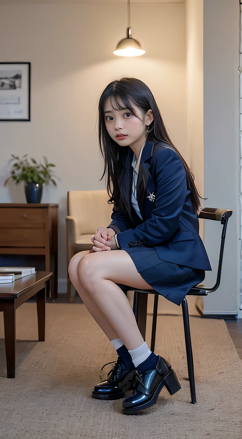 ulzzang-6500-v1.1, (Raw photo:1.2), (Photoreal), (genuine: 1.4), A woman in a skirt and jacket is sitting on the floor, hyper現実的なhigh school girl, a hyper現実的なhigh school girl, かわいいhigh school girl, 現実的なhigh school girl, wearing japanese school uniform, japanese school uniform, high school girlの格好をした, japanese girl uniform, wearing school uniformいる, wearing , (super realistic pantyhose:1.3), high school girl, of posing, girl in uniform