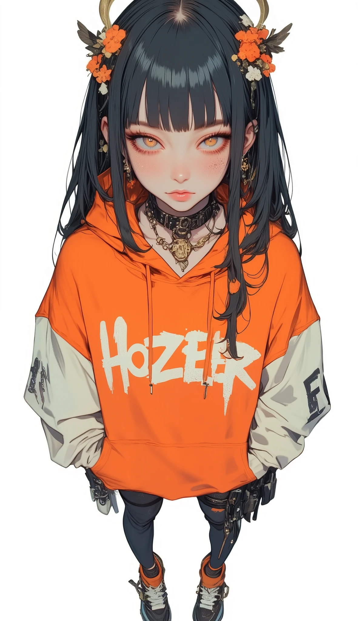 Fisheye Wide Angle , off-white and orange hoodie , Fisheye Wide Angle 1 of Mori Gutterpunk women , Glowing Angel Ring 、 bangs with lots of flowers 、 wearing leggings and trainers 、 with white lettering put your hands in your pocket 、The expression and outfit are 、 pastel core punk aesthetics with bold makeup and accessories, High Angle and Strong Fisheye Perspective , white background、 is anatomically correct、