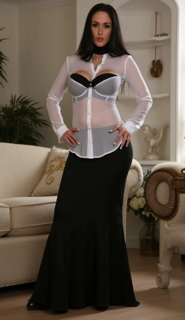 ((Best Quality, 8K, masutepiece :1.3)), (Realistic, Photorealistic:1.4), Beautiful Women in Perfect Figure :1.4, (Huge breasts, huge-breasted:1.7), Beautiful, 50 years old, A MILF, (Wrinkles at the corners of the eyes:1.6), Seductive smile, (nasolabial folds:1.4), a matural female, (Highly detailed face:1.2), (Satin Black Shirt, Slit Tight Skirt, Black pantyhose:1.4), (Popping), (blown hair), (pencil skirts:1,4), full body Esbian, Office, Detailed eyes, 二重まぶた,Smile、Fancy makeup, eye glass
