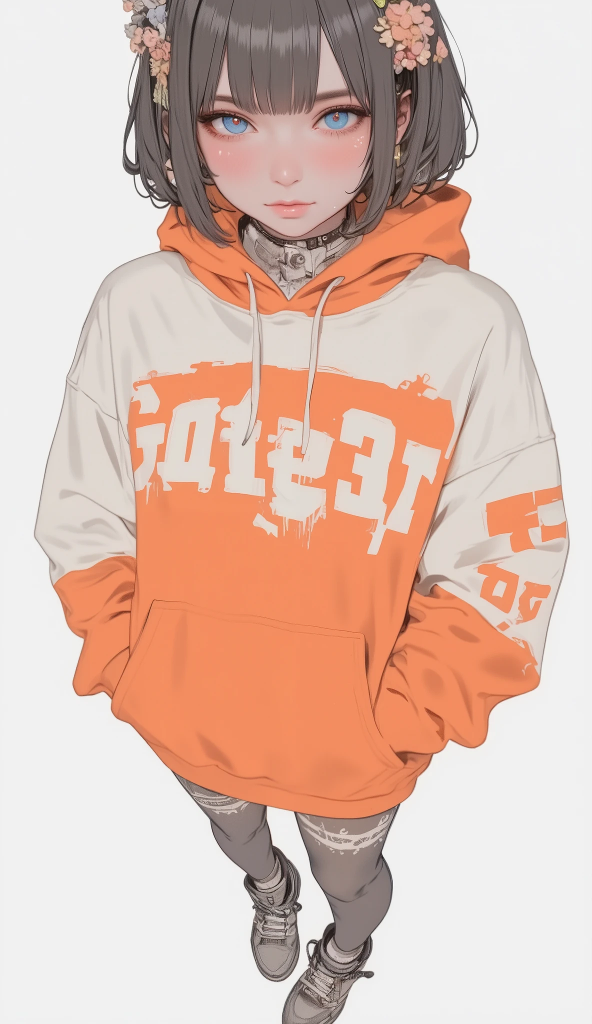 Fisheye Wide Angle , off-white and orange hoodie , Fisheye Wide Angle 1 of Mori Gutterpunk women , Glowing Angel Ring 、 bangs with lots of flowers 、 wearing leggings and trainers 、 with white lettering put your hands in your pocket 、The expression and outfit are 、 pastel core punk aesthetics with bold makeup and accessories, High Angle and Strong Fisheye Perspective , white background、 is anatomically correct、