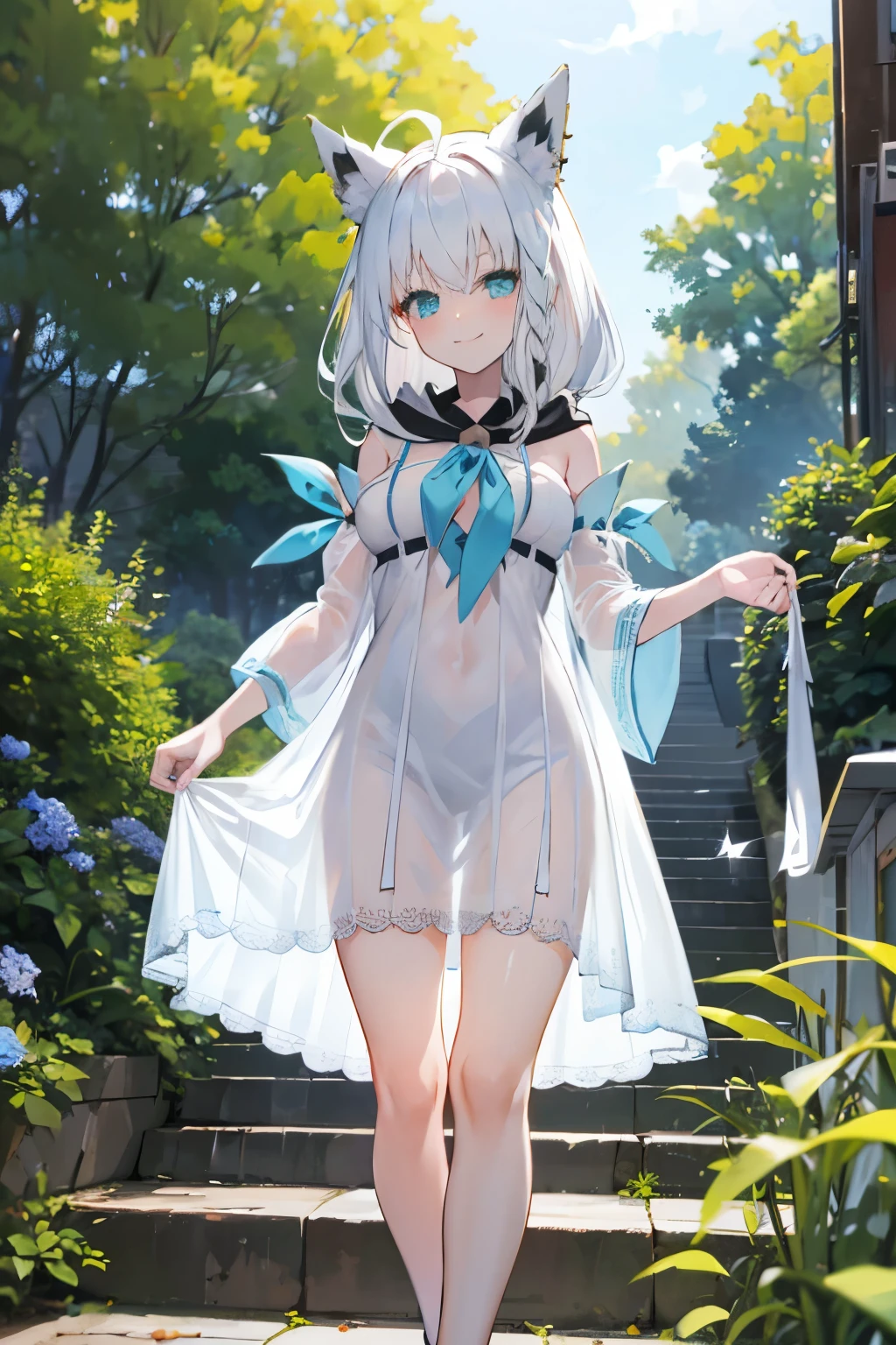 (high quality, High resolution, Very detailed, reality:1.37), Peaceful atmosphere, (Outdoor, garden), 5 year old girl standing alone, (my breasts are small.), Beautiful details, Cute Smile, (Long white hair), ((White sheer camisole dress)), White socks, White high heels、White Hat.NSFW、((Sheer milk))、((Crotch showing through))No panties