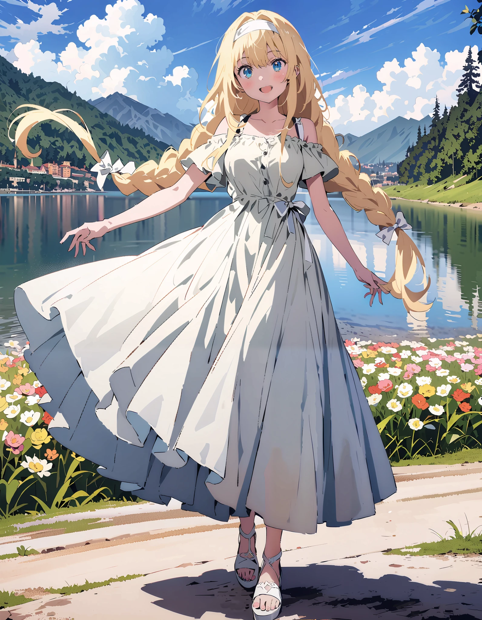 Alicesburg, Alice Sberg , bangs, blue eyes, blond hair, smile,blush, open your mouth, hair between eyes, Very long braids, headband, white headband,yellow off-the-shoulder dress,Medium breast, white long skirt, cute heeled sandals , are standing, Flower blowing snow, style so that the whole body is in the illustration ,
break outdoors, Flower Field, Compa,Large Lake,Mountain,
break looking at viewer,
break ( Masterpiece:1.2), top quality , kampala,unity 8k wallpaper,(shape:0.8),( fine, beautiful eyes :1.6),It's a person , full body photo,CG Details , ( perfect hands, Complete Anatomy),