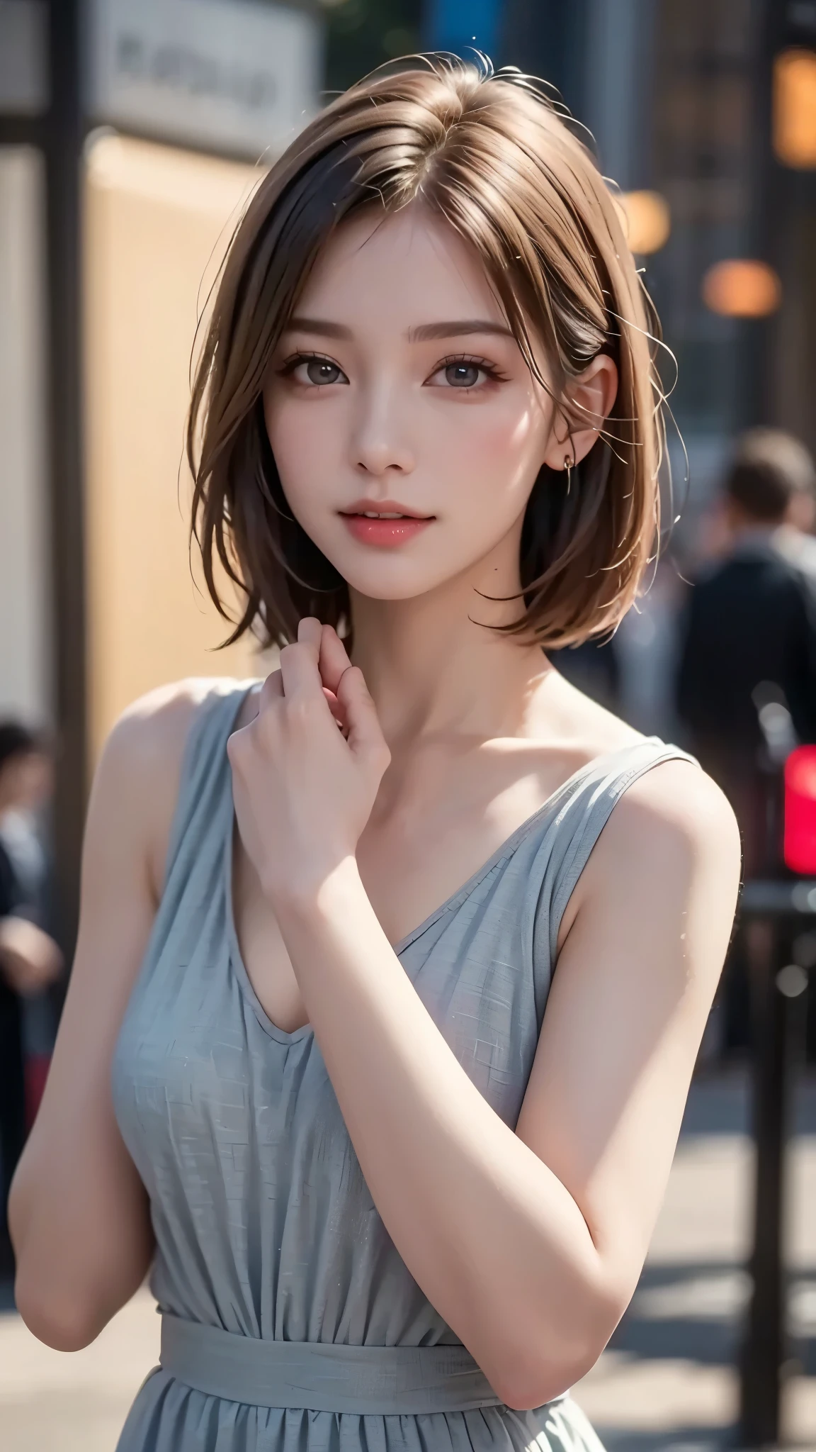 (logo, masterpiece, 8K, Tabletop, RAW Photos, wonderful, 最high quality, Photorealistic and very detailed CG composite 8k wallpaper, high quality, Very detailed, Narrative poem, Particle Effects, Dynamic Effects, Depth of the Boundary, Cinematic Light, Lens flare, Ray Tracing), short hair beautiful young woman, Hair tied back, high detail skin, very fine, fine skin texture, beautiful face, realistic eyes, beautifully detailed eyes, realistic skin, beautiful skin, surreal, smiling eyes, Hair and light eyes, Vibrant, Colorful lights and bokeh. The lighting casts a warm glow on her face and hair, Blue glow, Water surface reflection, Creates a dreamy and magical atmosphere, Big Breasts, Brown Hair, short hair, plump lower lip, pink blush on the cheeks , pink lips, brown tight no-shoulder knit sweater