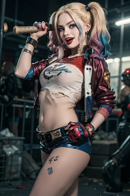 Woman with bright beige and blue braids, Red and blue corset, small, Tight Shorts, fishnet stockings, baseball bat, and the crazy expression on her face, Character from DC Comics, Harley Quinn from the movie Suicide Squad., Tattoos with intricate details, Highly saturated colors, High quality, realistic, movie light, Drama pose, Dynamic angle, Action Scenes, Sample language