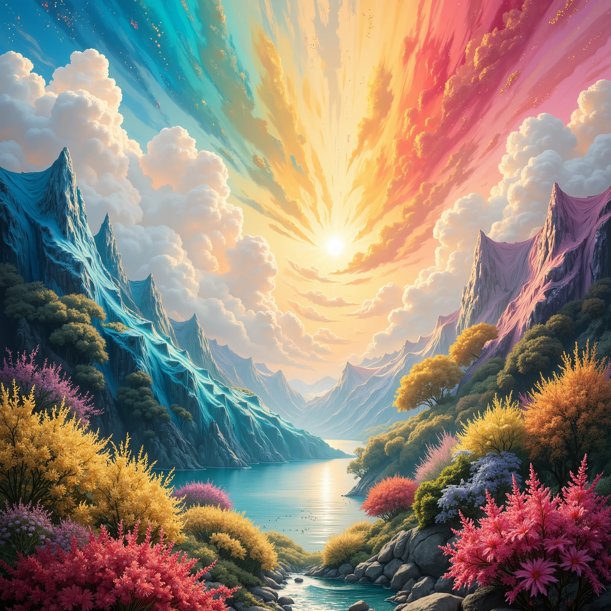 Painting of a mountain landscape with a river and a sunset - SeaArt AI