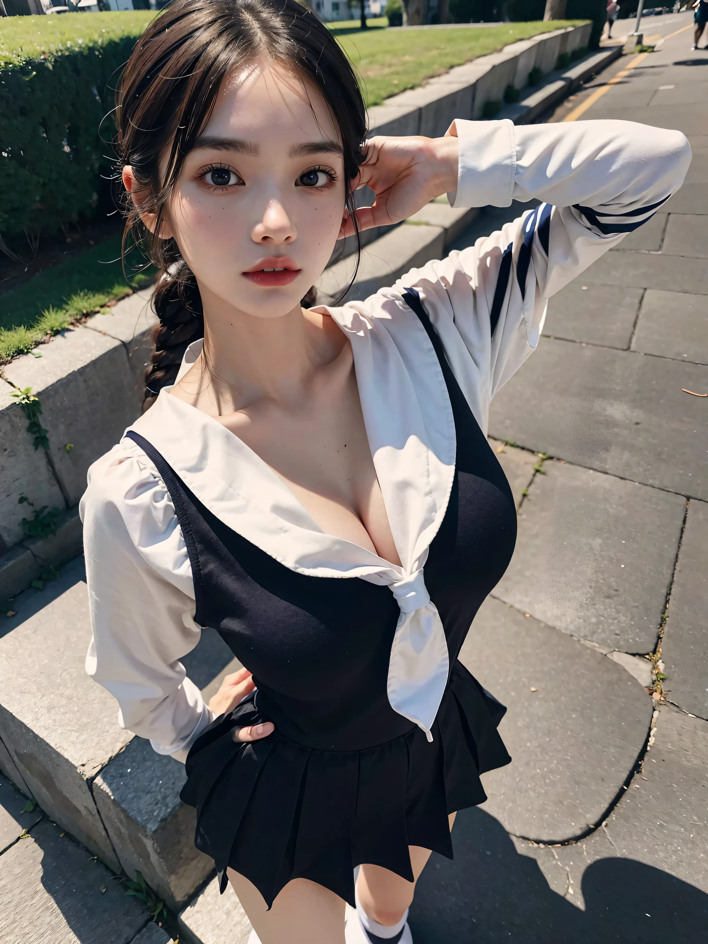 absurdres, RAW photo, extremely delicate and beautiful, masterpiece, Best Quality, ultra high resolution, 32k, hyperrealistic, ultra-detailed, perfect figure, Super Beauty, Perfect Style, Perfect balance, in her 20s, very small head, very small face, delicate facial features, tearful mole, earring, ((very huge breasts)), ((full body shot)), medium hair, black hair, ((school_uniform)), legs,