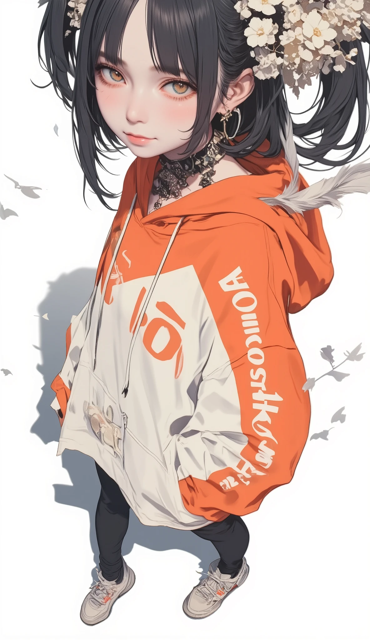 Fisheye Wide Angle , off-white and orange hoodie , Fisheye Wide Angle 1 of Mori Gutterpunk women , Glowing Angel Ring 、 bangs with lots of flowers 、 wearing leggings and trainers 、 with white lettering put your hands in your pocket 、The expression and outfit are 、Bold makeup and accessories. Underfoot shadows、 High Angle and Strong Fisheye Perspective , white background、 is anatomically correct、