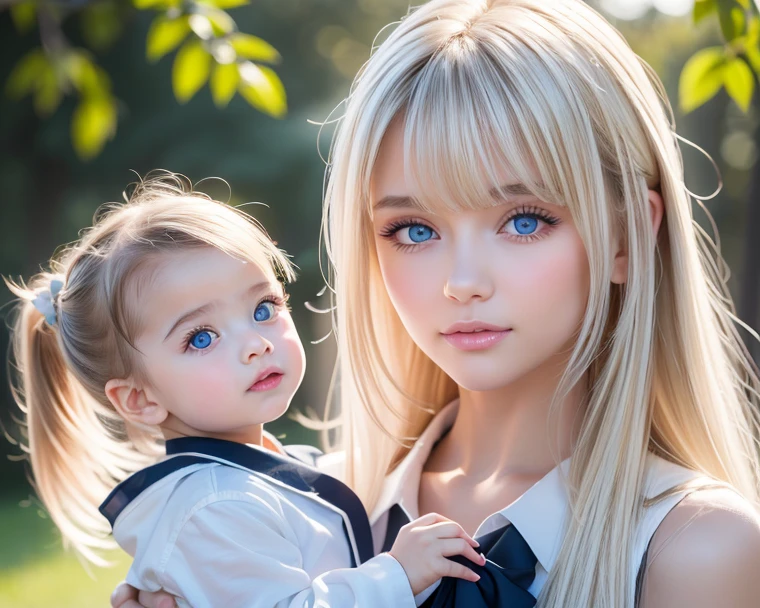 , playing with dolls, happy, Blonde, green eyes, slim