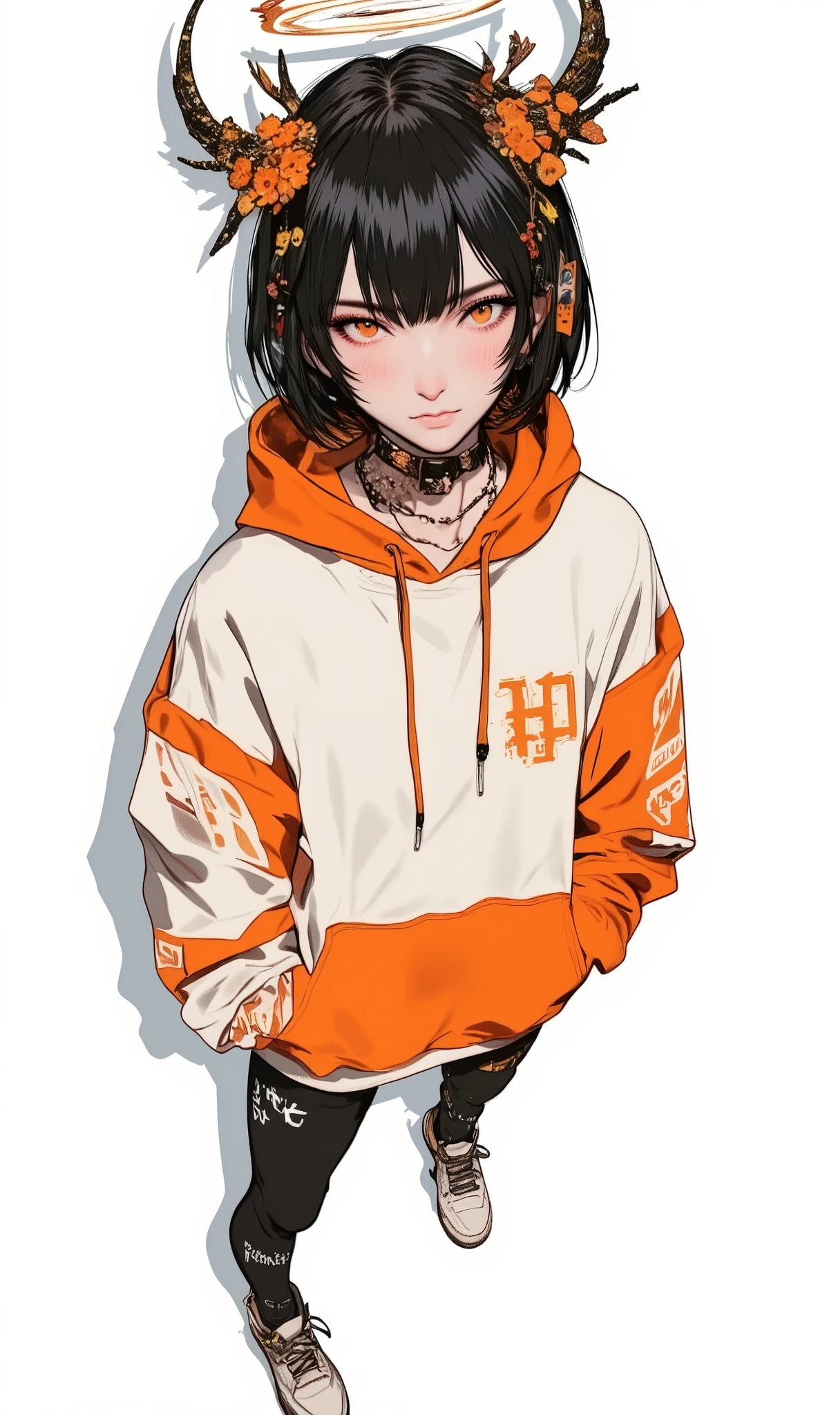 Fisheye Wide Angle , off-white and orange hoodie , Fisheye Wide Angle 1 of Mori Gutterpunk women , Glowing Angel Ring 、 bangs with lots of flowers 、 wearing leggings and trainers 、 with white lettering put your hands in your pocket 、The expression and outfit are 、Bold makeup and accessories. Underfoot shadows、 High Angle and Strong Fisheye Perspective , white background、 is anatomically correct、