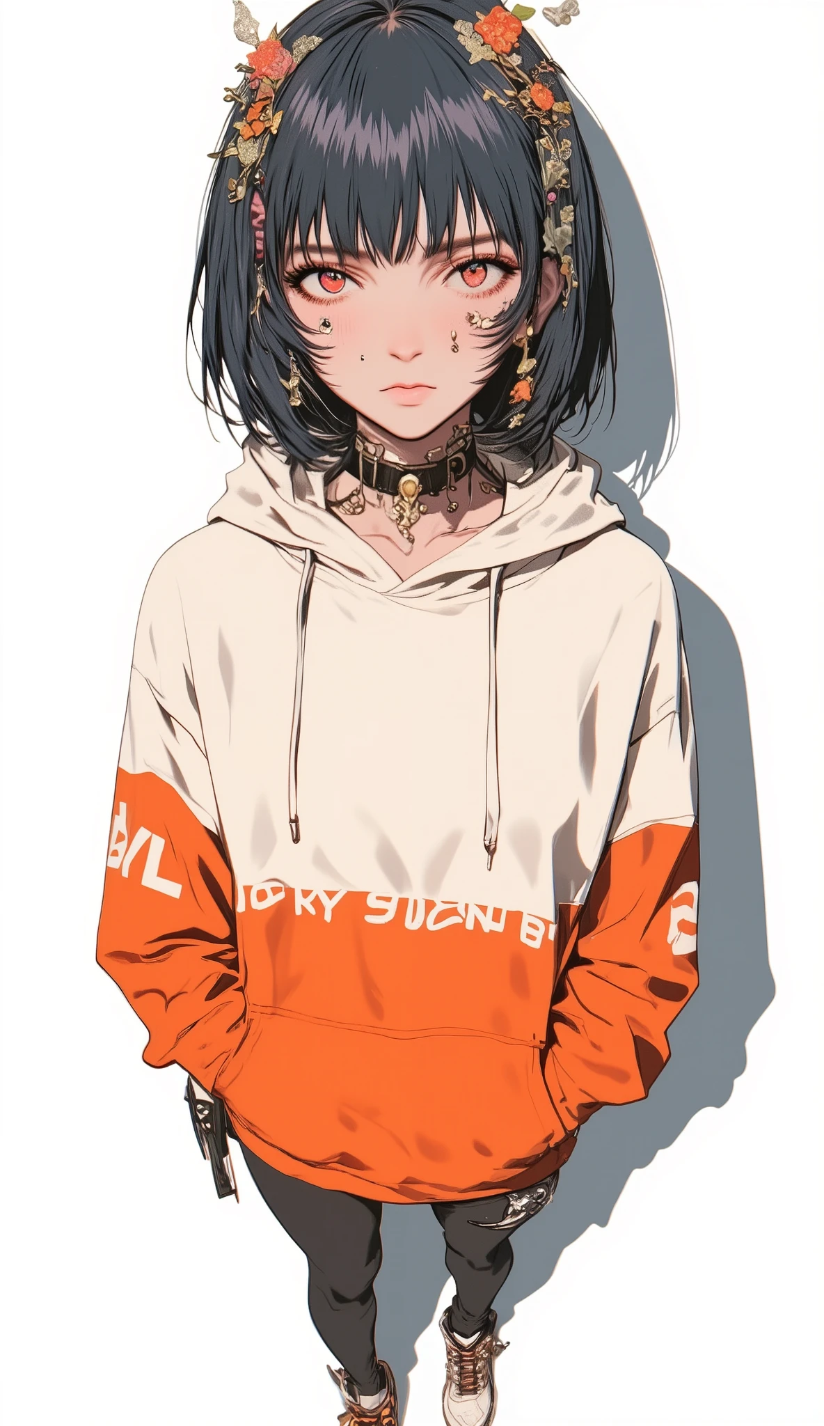 Fisheye Wide Angle  ,  Off-white and Orange Hoodie  , Fisheye Wide Angle  １ of Mori Gutterpunk women  , Glowing Angel Ring 、 bangs with lots of flowers 、 wearing leggings and trainers 、 with white lettering put your hands in your pocket 、The expression and outfit are 、Bold makeup and accessories. Underfoot shadows、  High Angle and Strong Fisheye Perspective ,  white background、 is anatomically correct、
