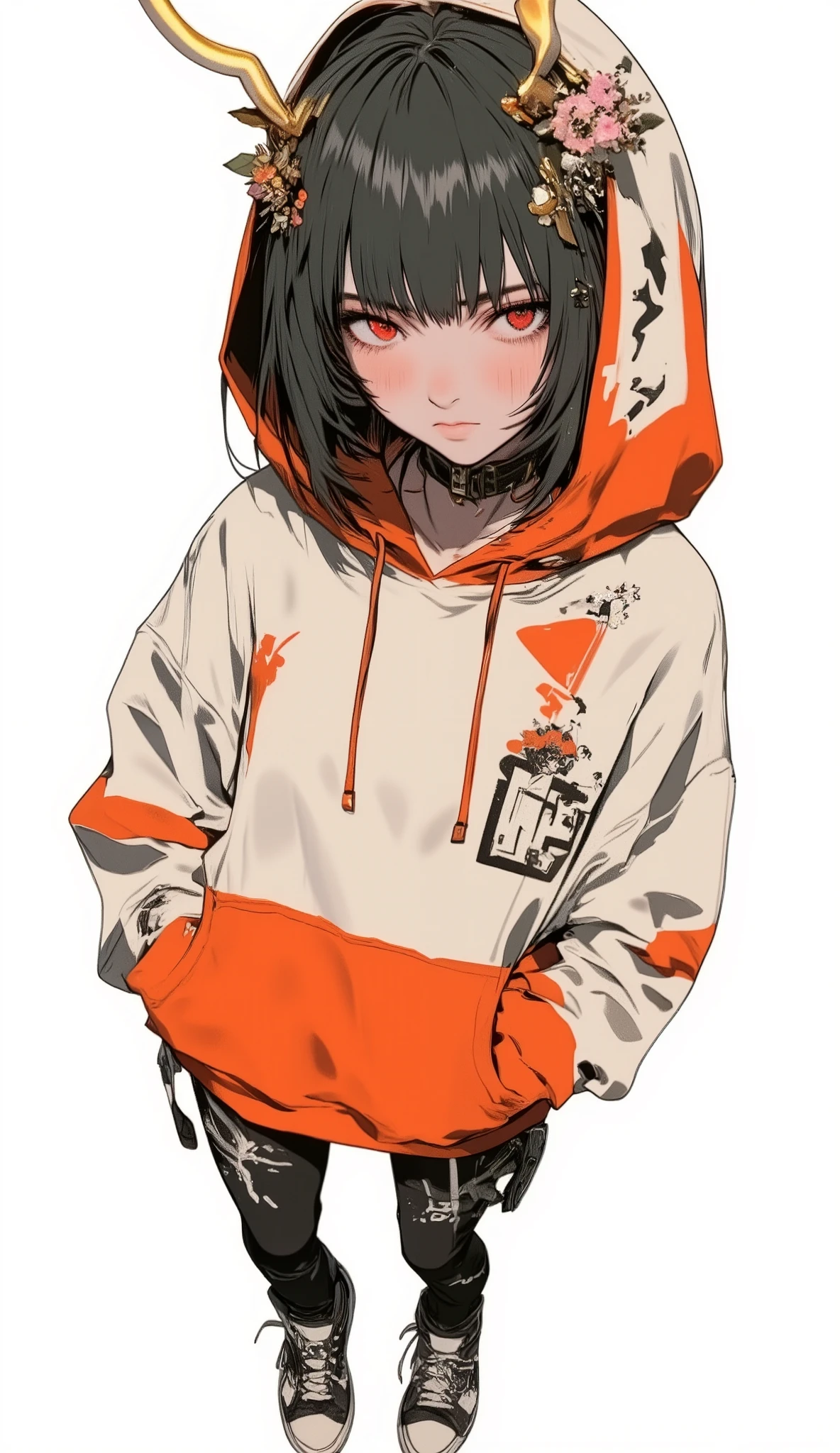 Fisheye Wide Angle , off-white and orange hoodie , Fisheye Wide Angle 1 of Mori Gutterpunk women , Glowing Angel Ring 、 bangs with lots of flowers 、 wearing leggings and trainers 、 with white lettering put your hands in your pocket 、The expression and outfit are 、Bold makeup and accessories. Underfoot shadows、 High Angle and Strong Fisheye Perspective , white background、 is anatomically correct、