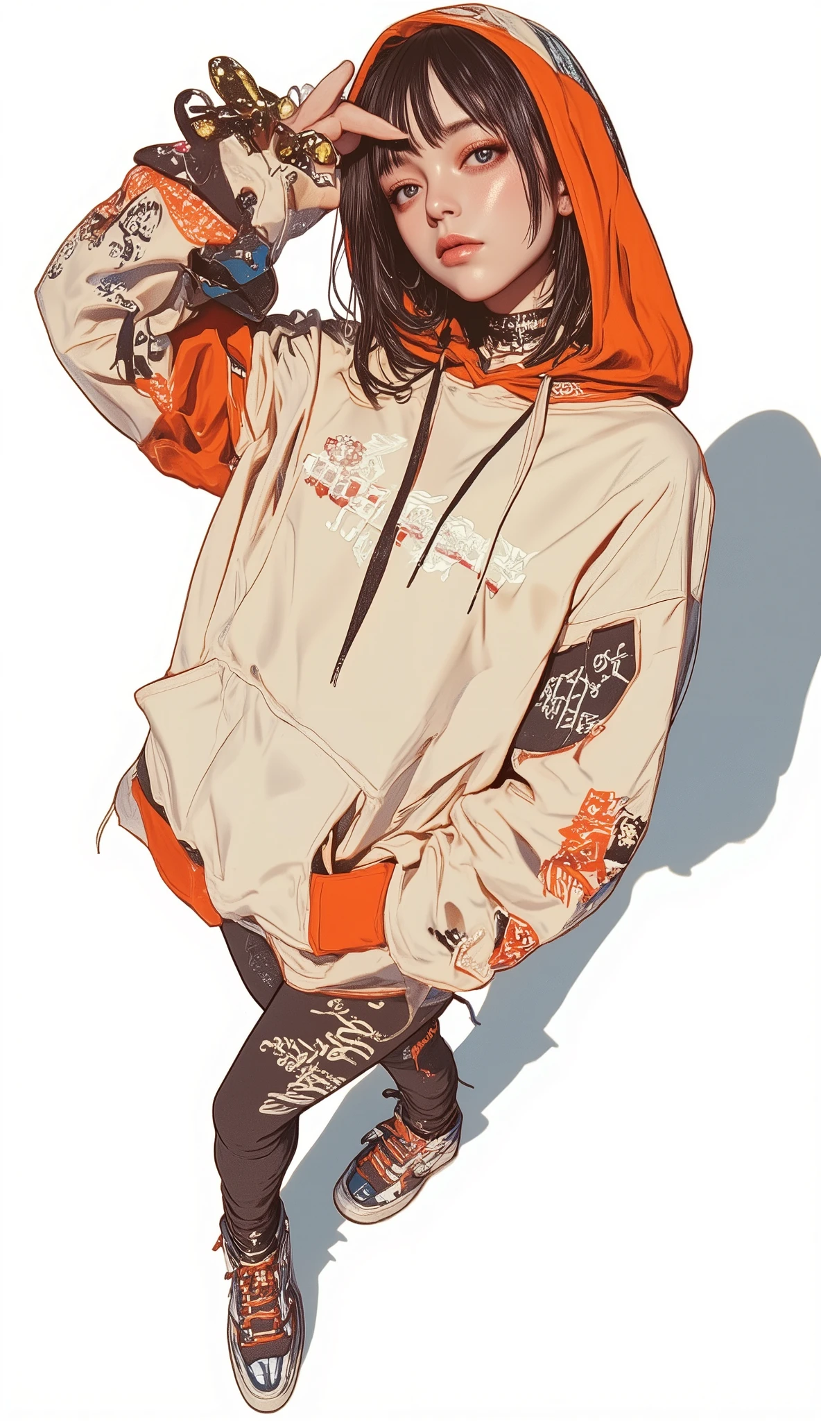 Fisheye Wide Angle , Off-white and Orange Hoodie , Fisheye Wide Angle 1 of Mori Gutterpunk women , Glowing Angel Ring 、 bangs with lots of flowers 、 wearing leggings and trainers 、 with white lettering put your hands in your pocket 、The expression and outfit are 、Bold makeup and accessories. Underfoot shadows、 High Angle and Strong Fisheye Perspective , white background、 is anatomically correct、