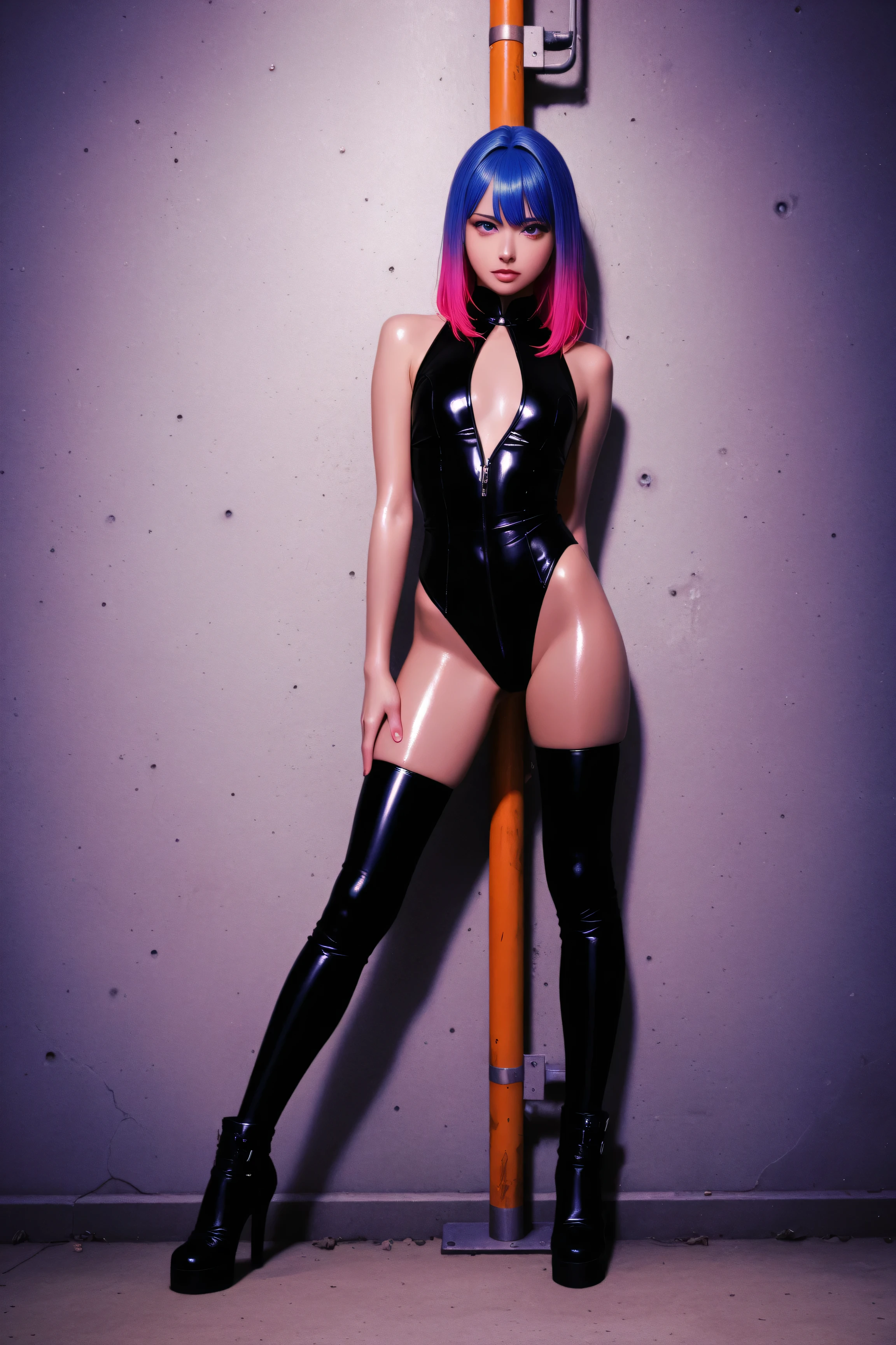 <lora:kurama005:0.7>,looking at viewer,smile,
Kurama,1girl,short hair,solo,
black choker,
strapless,black leotard,bare shoulders,collarbone,cleavage,navel,
single glove,
boots,
full body,standing,
city,stylish_pose,