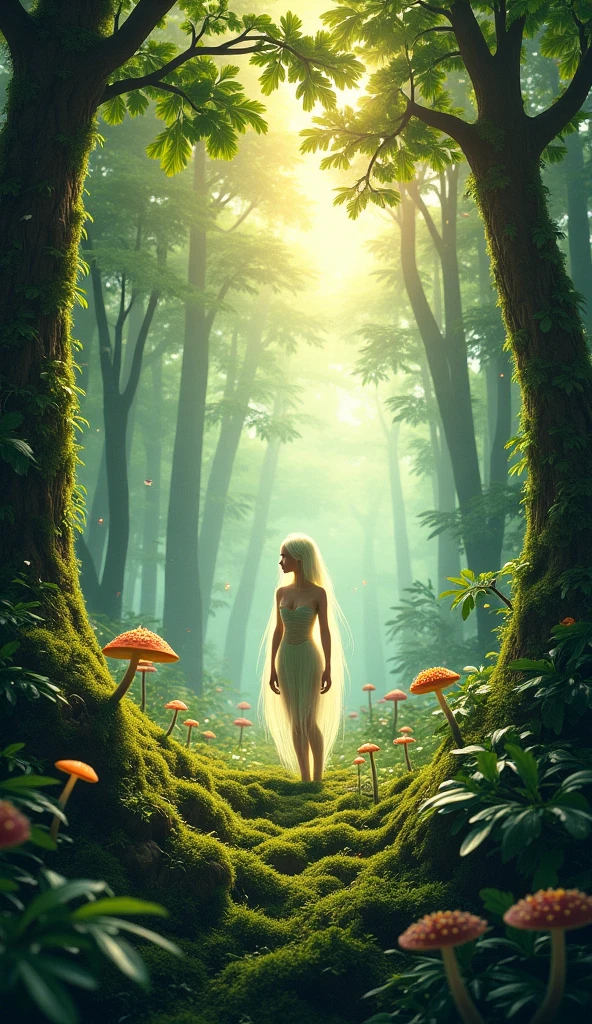 super high definition,back view, full height,  translucent body,x-ray, elf like, beautiful feminine features, nordic, high cheek bones, blonde hair, naked, plant roots instead of veins seen growing inside, throughout body, body see-through, legs slightly apart, stong sun back light, young forest woman, highly attractive, green, stag