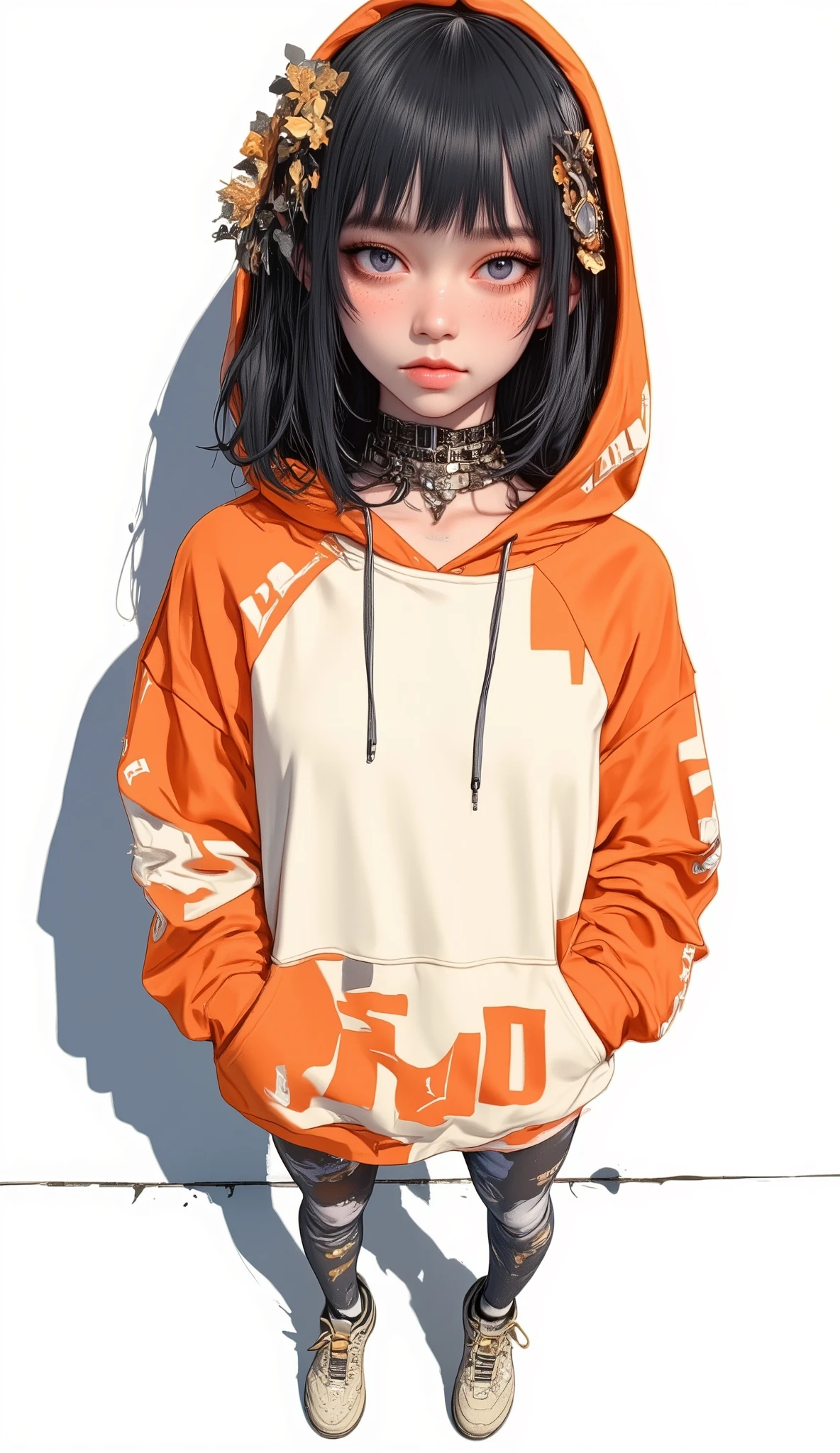 Fisheye Wide Angle , Off-white and Orange Hoodie , Fisheye Wide Angle 1 of Mori Gutterpunk women , Glowing Angel Ring 、 bangs with lots of flowers 、 wearing leggings and trainers 、 with white lettering put your hands in your pocket 、The expression and outfit are 、Bold makeup and accessories. Underfoot shadows、 High Angle and Strong Fisheye Perspective , white background、 is anatomically correct、