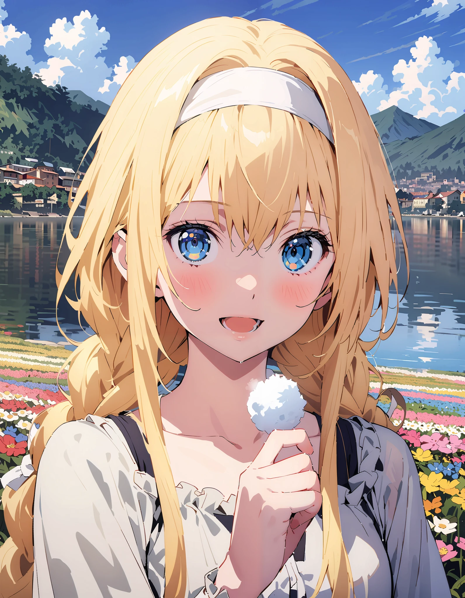 Alicesburg,  Alice Sberg , bangs,  blue eyes,   blond hair,  smile,blush, open your mouth, hair between eyes, Very long braids,  headband, white  headband,yellow off-the-shoulder dress,Medium breast, white long skirt, cute heeled sandals , are standing, Flower blowing snow, style so that the whole body is in the illustration ,
break outdoors, Flower Field, Compa,Large Lake,Mountain,
break looking at viewer,
break ( Masterpiece:1.2), top quality , kampala,unity 8k wallpaper,(shape:0.8),(  fine, beautiful eyes  :1.6),It's a person , full body photo,CG Details , ( perfect hands, Complete Anatomy),