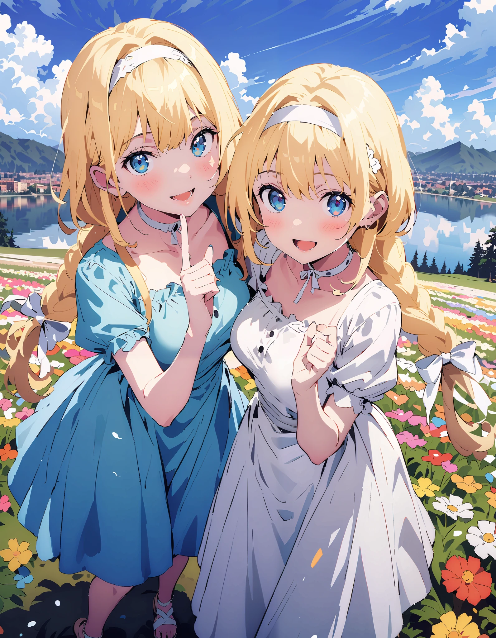 Alicesburg, Alice Sberg , bangs, blue eyes, blond hair, smile,blush, open your mouth, hair between eyes, Very long braids, single braided , headband, white headband,yellow off-the-shoulder dress,Medium breast, white long skirt, cute heeled sandals , are standing, Flower blowing snow, style so that the whole body is in the illustration ,
break outdoors, Flower Field, Compa,Large Lake,Mountain,
break looking at viewer,
break ( Masterpiece:1.2), top quality , kampala,unity 8k wallpaper,(shape:0.8),( fine, beautiful eyes :1.6),It's a person , full body photo,CG Details , ( perfect hands, Complete Anatomy),