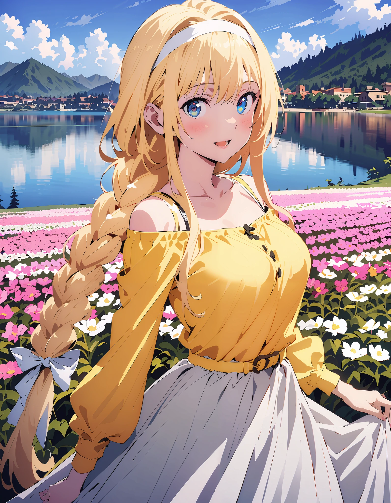 Alicesburg, Alice Sberg , bangs, blue eyes, blond hair, smile,blush, open your mouth, hair between eyes, Very long braids, single braided , headband, white headband,yellow off-the-shoulder dress,Medium breast, white long skirt, cute heeled sandals , are standing, Flower blowing snow, style so that the whole body is in the illustration ,
break outdoors, Flower Field, Compa,Large Lake,Mountain,
break looking at viewer,
break ( Masterpiece:1.2), top quality , kampala,unity 8k wallpaper,(shape:0.8),( fine, beautiful eyes :1.6),It's a person , full body photo,CG Details , ( perfect hands, Complete Anatomy),