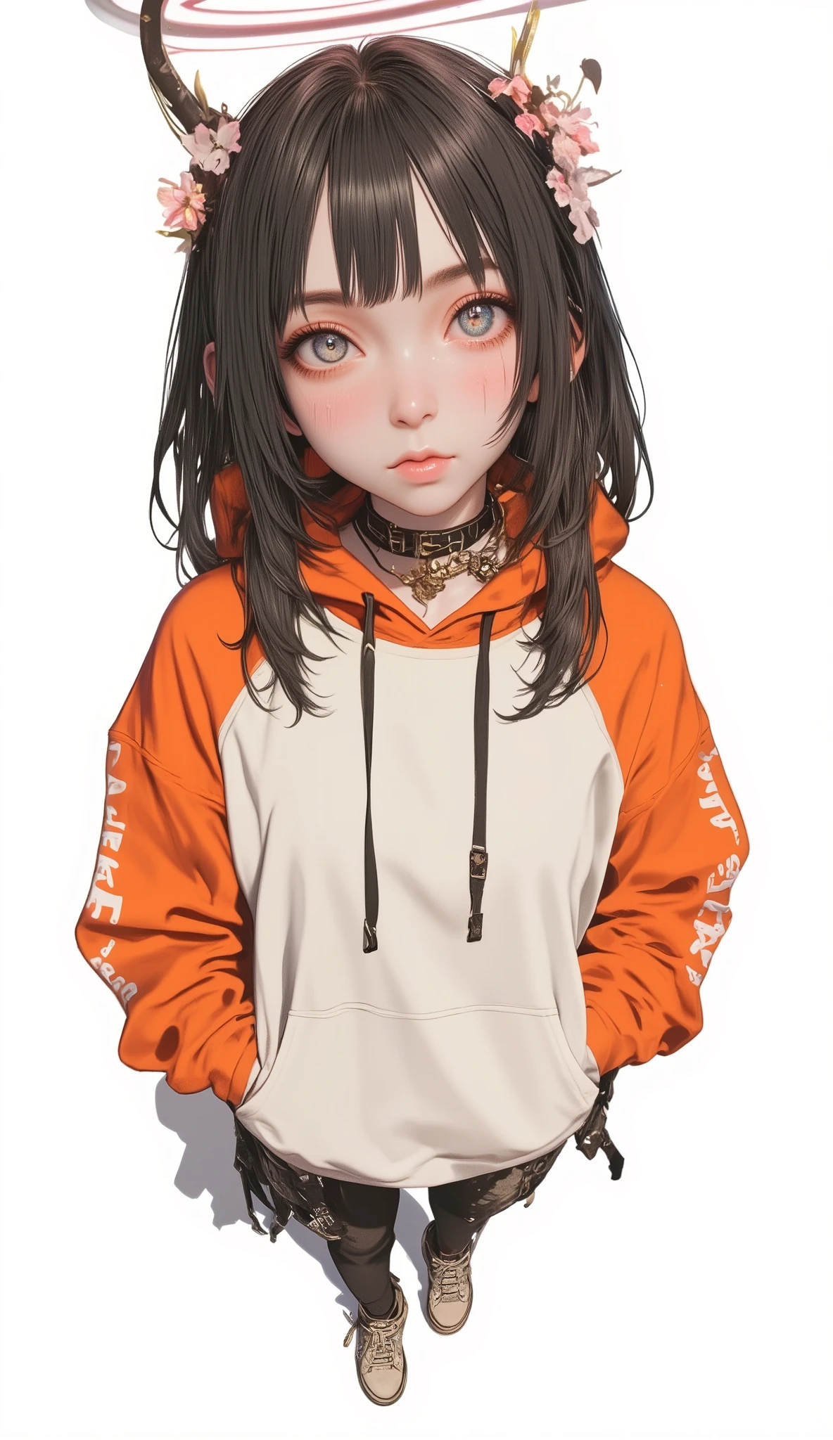 Fisheye Wide Angle  ,  Off-white and Orange Hoodie  , Fisheye Wide Angle  １ of Mori Gutterpunk women  , Glowing Angel Ring 、 bangs with lots of flowers 、 wearing leggings and trainers 、 with white lettering put your hands in your pocket 、The expression and outfit are 、Bold makeup and accessories. Underfoot shadows、  High Angle and Strong Fisheye Perspective ,  white background、 is anatomically correct、
