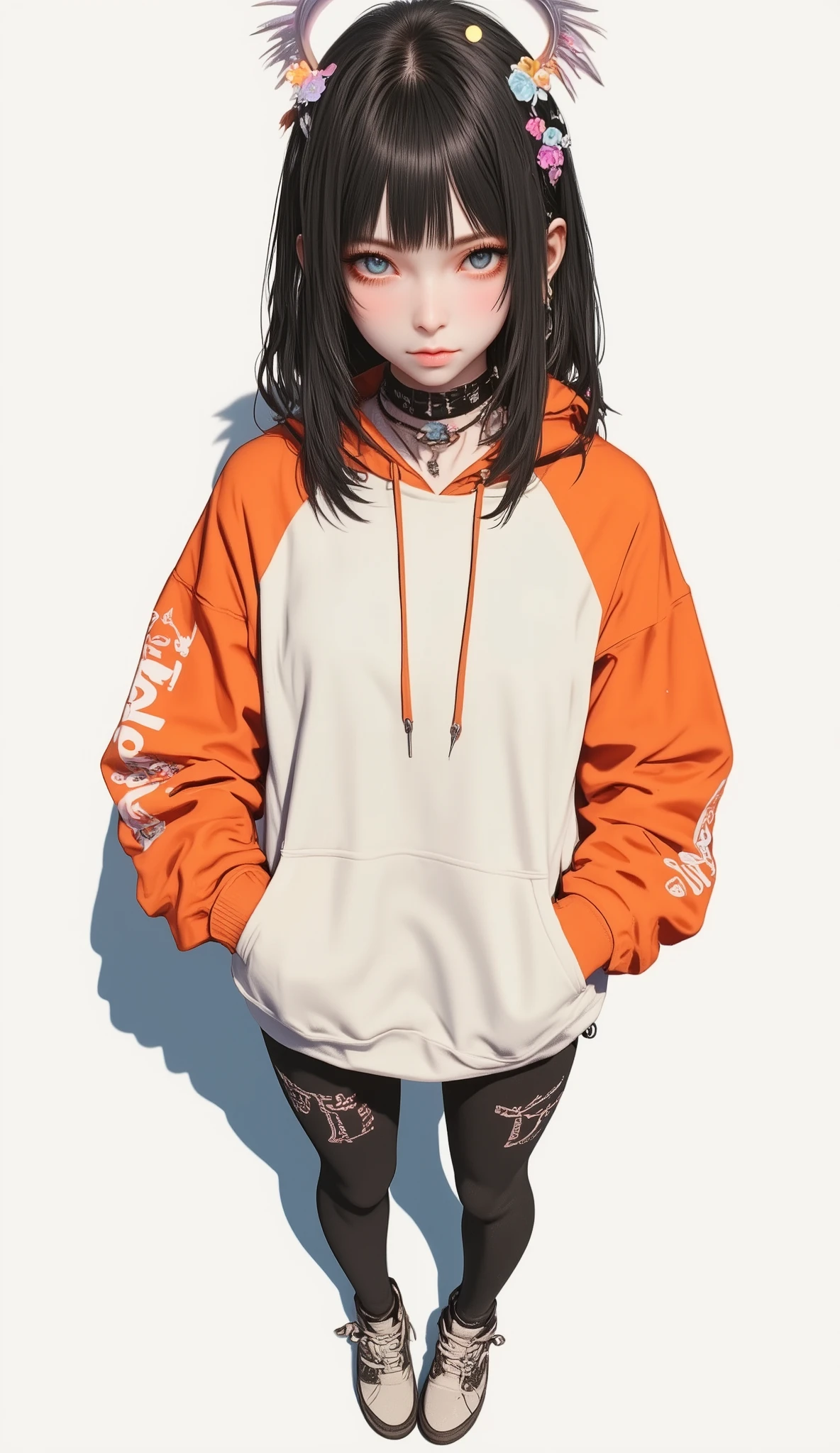 Fisheye Wide Angle  ,  Off-white and Orange Hoodie  , Fisheye Wide Angle  １ of Mori Gutterpunk women  , Glowing Angel Ring 、 bangs with lots of flowers 、 wearing leggings and trainers 、 with white lettering put your hands in your pocket 、The expression and outfit are 、Bold makeup and accessories. Underfoot shadows、  High Angle and Strong Fisheye Perspective ,  white background、 is anatomically correct、
