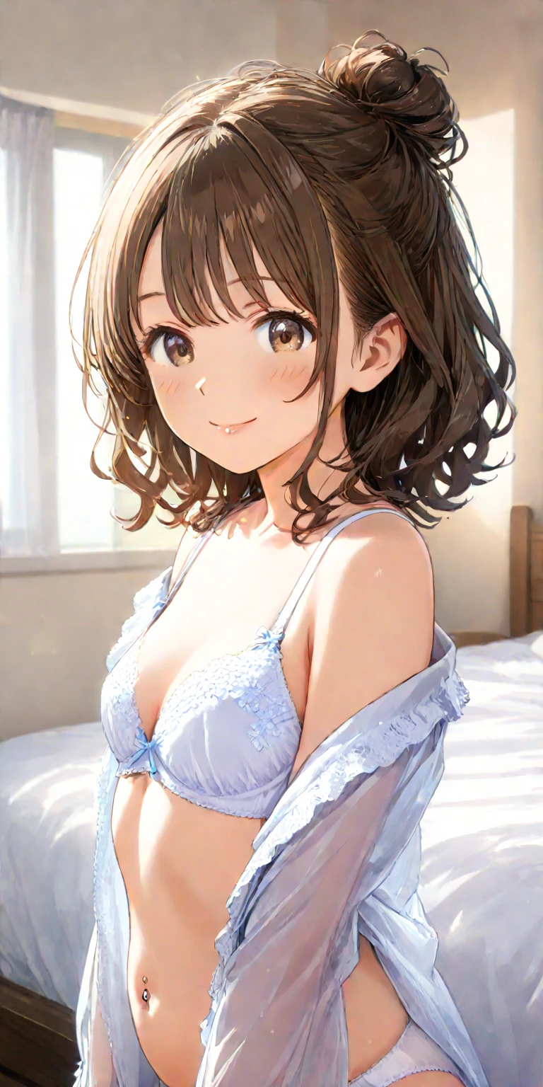 ((masterpiece、Highest quality、Very detailed))、One Girl、Brown Hair、Medium Hair、((Twin tails))、Bright Blue Eyes、Earrings、blush、Watery eyes、((Light blue bra))、((whole body))、Lie on your back in bed,((Highest quality)), (Very detailedな), (High-definition CG synthesis 8K wallpaper), 高いly detailed, 高い-definition raw color photos, Professional photography, (((Bokeh))), Written boundary depth,Small breasts,Underwear visible