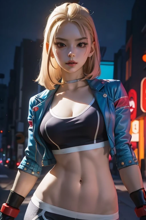 8K、master piece、highest quality、highest level、Highest image quality、muste piece、intricate details、high resolution、depth field、Natural light、professional lighting、(1 person)、solo、Anglo-Saxon girlish girl、(cute:1.2)、very beautiful 18 year old cartoon girl、(high detail skin: 1.2)、Photorealistic anime girl rendering、Realistic anime 3D style、bob cut、、beautiful bright blonde hair、強烈なred eyes、strong eye highlights、very big breasts、perfect anatomy、((black jacket、Wearing fancy underwear and detailed panties、supple and thin fabric、black mini skirt、metal accessories、))、decorative choker、hands behind the back、Beautiful platinum blonde hair、long hair、crossed bangs、asymmetrical bangs、bob cut、stick out ears、eyelashes、red eyes、very mysterious smile、Attractive、(sophisticated headphones)、Body shiny with oil、(detailed bra、black mini skirt)、((Inspired by Shirow Masamune))、girl in cyberpunk armor、Epic battle fantasy Natalie、((rogue anime girl、bad pose))、A big city where you can see the sunset at 6 p.m.、red sunset clouds、it's raining、The body gets wet from the rain、Decadent and futuristic urban area in the evening、(cyberpunk city)、(Futuristic cars、flashing red light)、(Lightning is glowing)、(Flashing blue and purple neon tubes)、