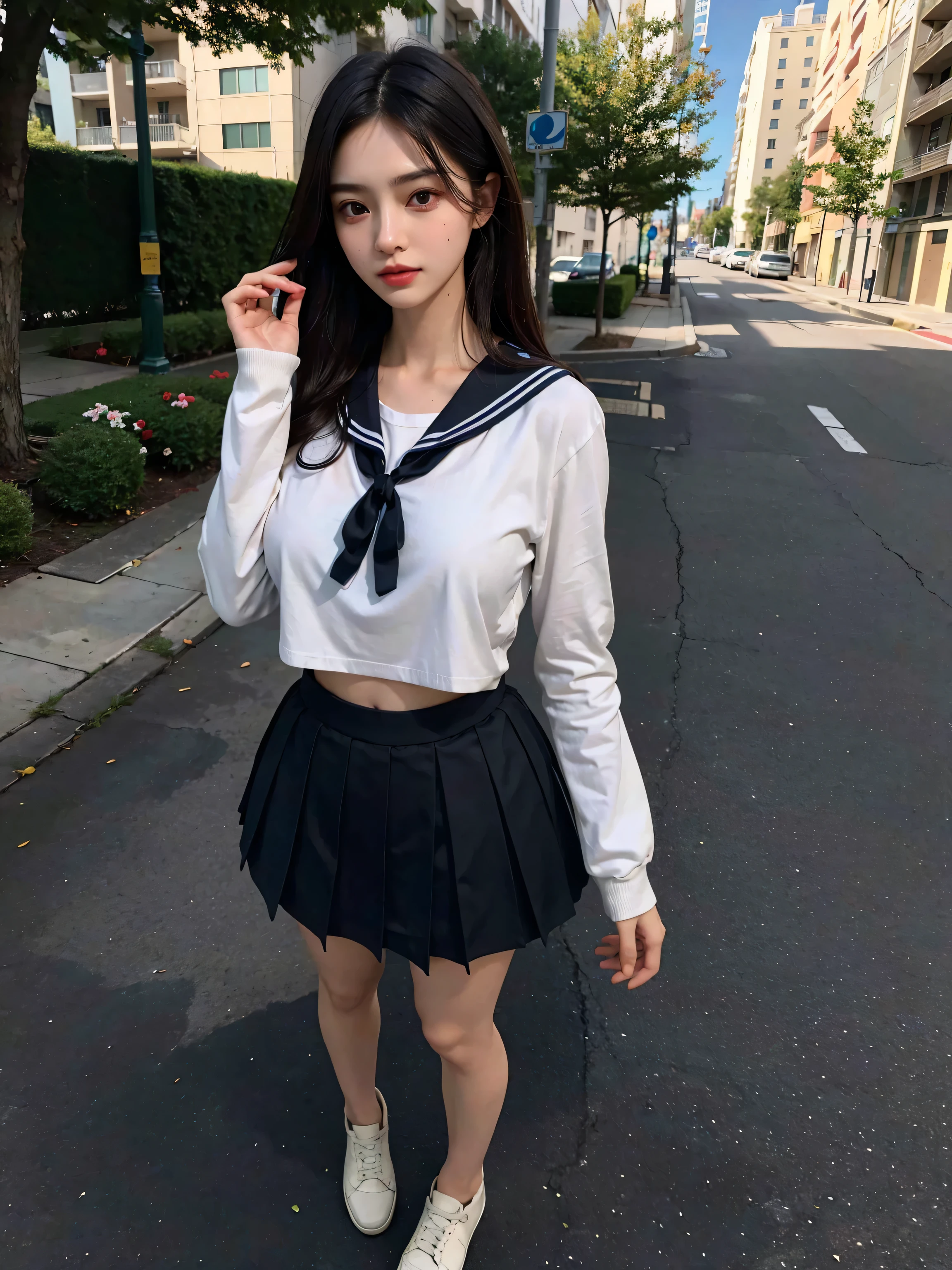 ((((highest quality))))、(((Ultra-precision CG16K wallpaper)))、(((masterpiece)))、(((Super detailed)))、(((super extreme details)))、１people&#39;s women、mature woman、24 year old woman、((Japanese face))、((very beautiful face))、((Beauty:1.2))、((straight short bob hair、blunt bangs))、(shiny brown hair)、beautiful delicate eyes、brown eyes、raised eyebrows、high nose、small nostrils、small mouth、seductive lips、beautiful breasts、((C cup size breasts))、cleavage、plump body、(Chubby body type)、perfect proportions、perfect ???????、perfect composition、beautiful detailed shading、beautiful natural lighting、beautiful detail glow、Depth of the bounds written、(((High chroma)))、(((real:1.9)))、((vivid:1.5))、((edge:1.6))、((beautiful skin))、((skin texture))、((realな皮膚感))、(((cowboy shot、Thigh:1.5)))、((Angle seen from the front:1.5))、((Surprised face with open mouth:1.4))、(Eyes looking at me:1.5)、Bright daylight、Natural light、(((Outside the decaying abandoned house:1.2)))、(standing pose:1.5)、(((high school girl uniform、Wearing white sailor suit、White pleated miniskirt clothing:1.3)))、((earrings、Wearing a hair band:1.3))、