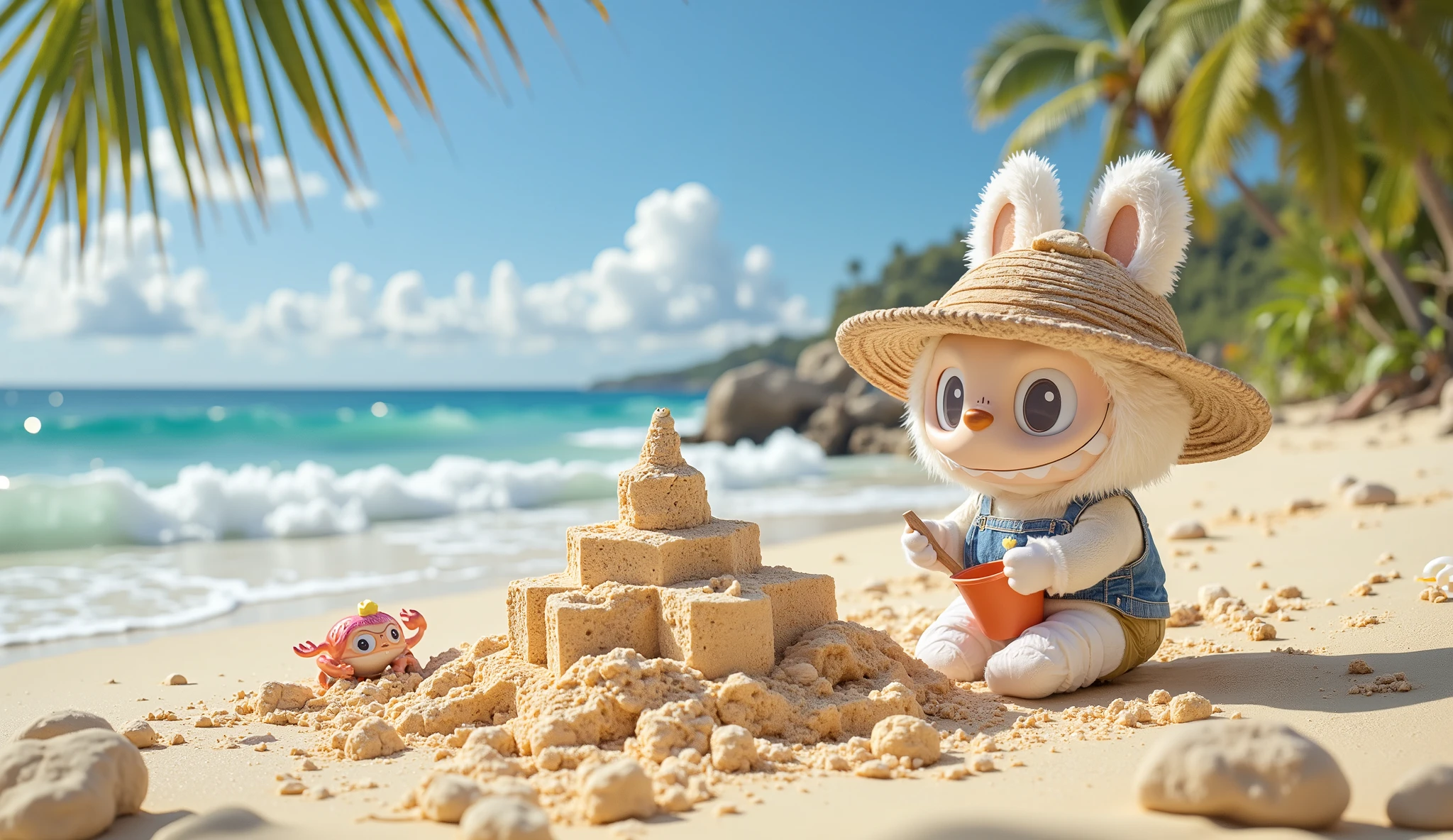 "Labubu with white fur is sitting on the warm golden sand, wearing a wide-brimmed beach hat while carefully building a sandcastle. Using a small bucket and shovel, the character shapes the towers and walls with excitement.
Nearby, a tiny hermit crab scurries across the sand, curiously observing Labubu’s creation. Gentle ocean waves roll onto the shore in the background, and the clear blue sky stretches above. A soft sea breeze rustles through the palm trees, adding to the relaxing beachside atmosphere.
This detailed 3/4 body portrait captures Labubu’s joyful moment, fully immersed in the fun of building a beautiful sandcastle by the sea."